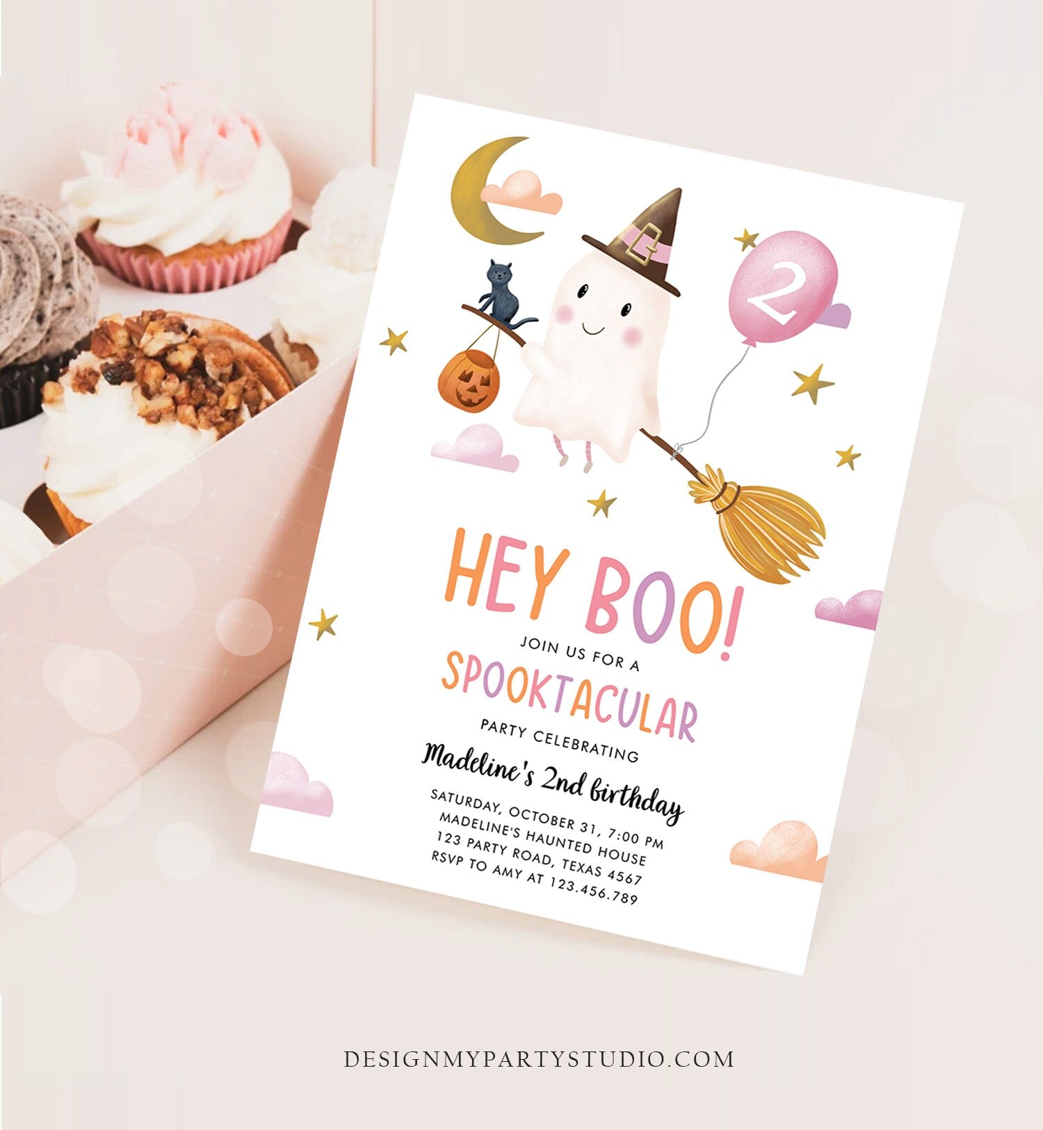 Editable Halloween Birthday Invitation Girl Ghost Costume Party Pink Kids Spooktacular Spooky Hey Boo Printable Template Evite 0479 0009