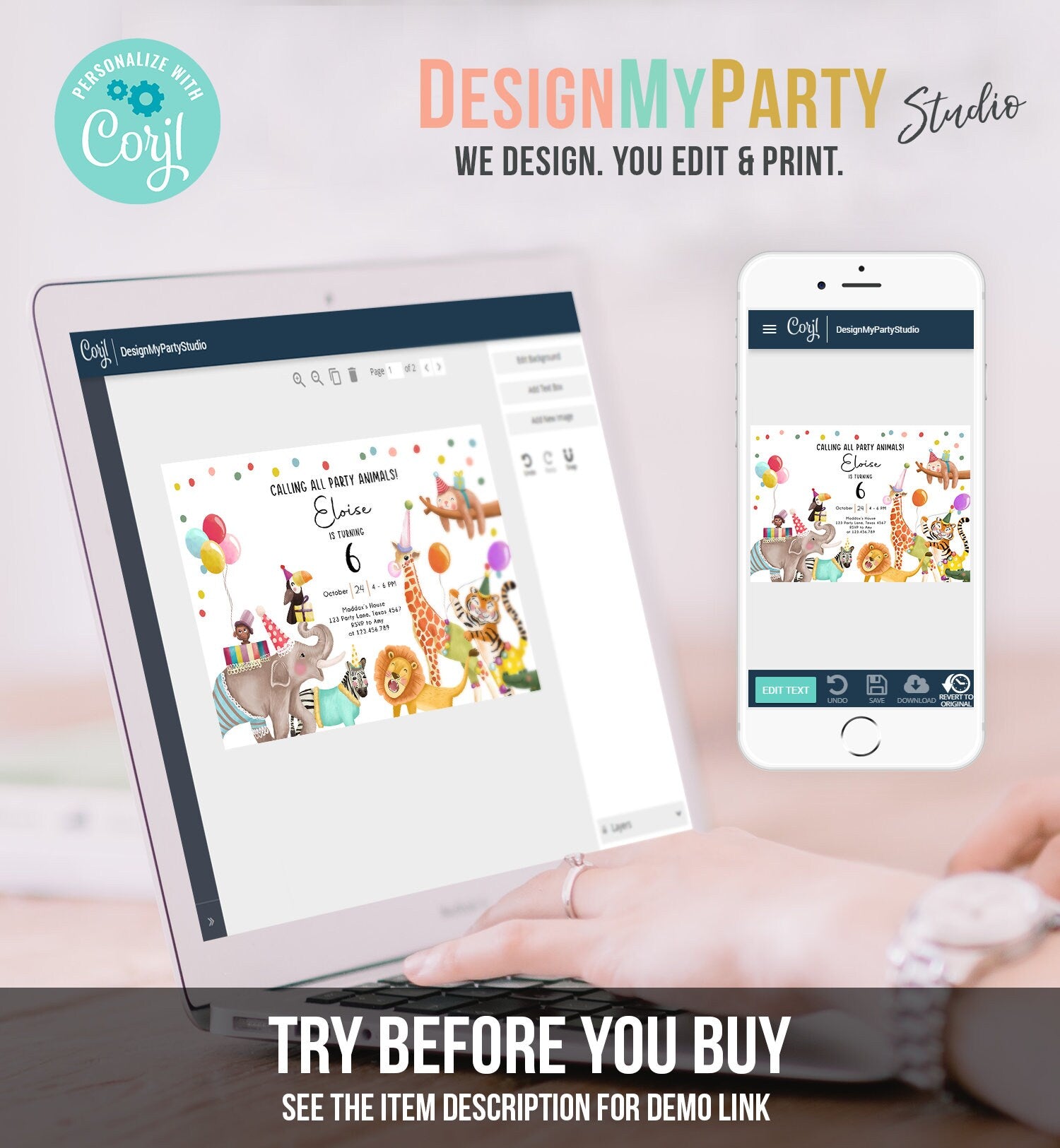 Editable Calling All Party Animals Birthday Invitation Wild One Jungle Zoo Safari Animals Boy Girl Digital Evite Template Printable 0482