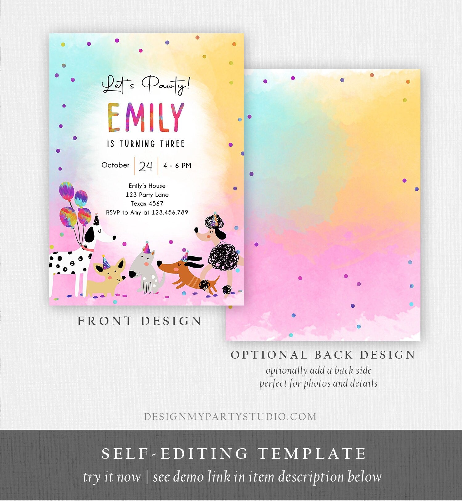 Editable Dog Birthday Party Invitation Puppy Birthday Invite Pink Girl Pawty Birthday Animal Pet Vet Download Printable Template Corjl 0484