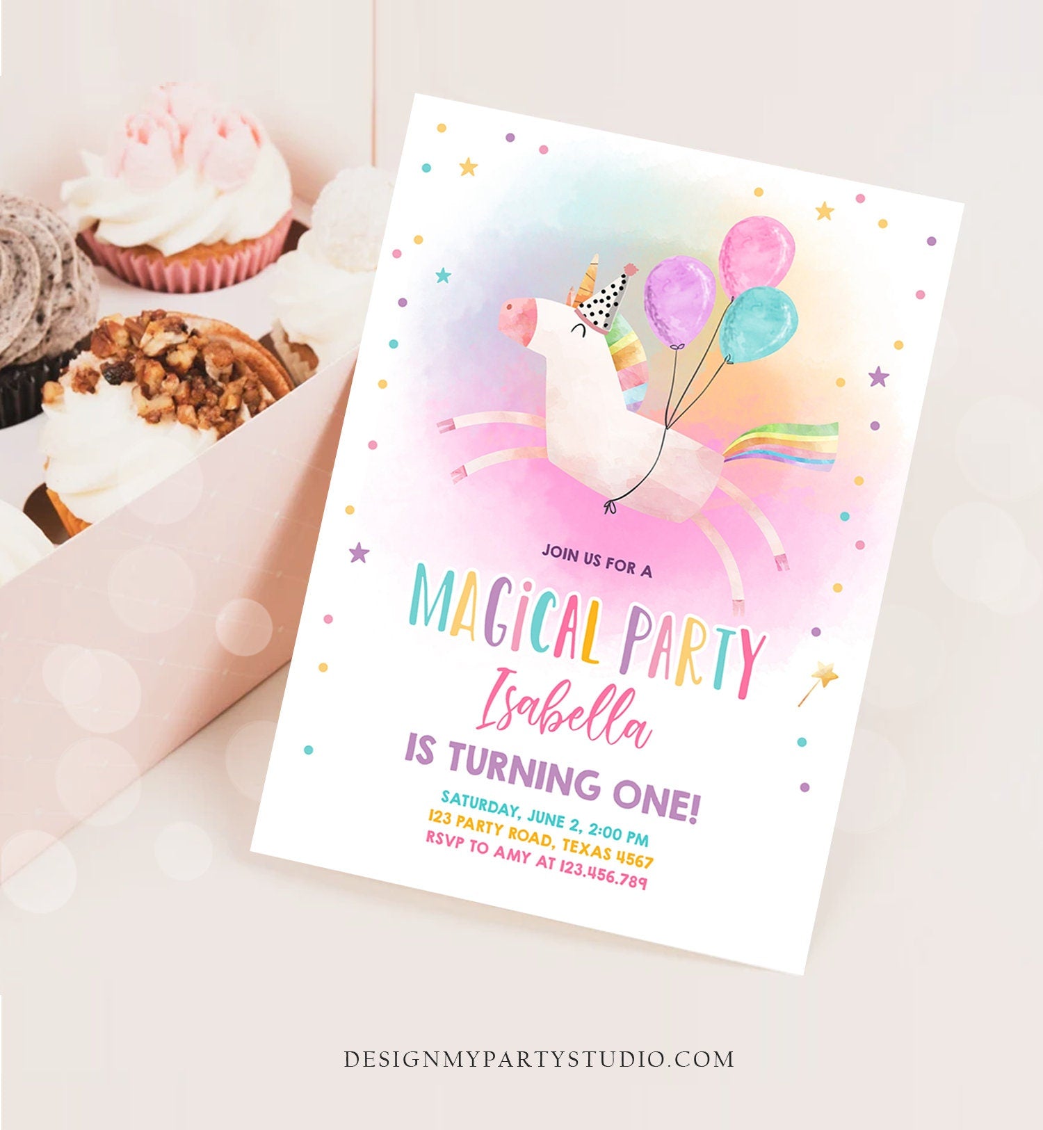 Editable Unicorn Birthday Invitation Magical Party Invite Girl Pink First Birthday Digital Invite Template Rainbow Download Corjl 0336