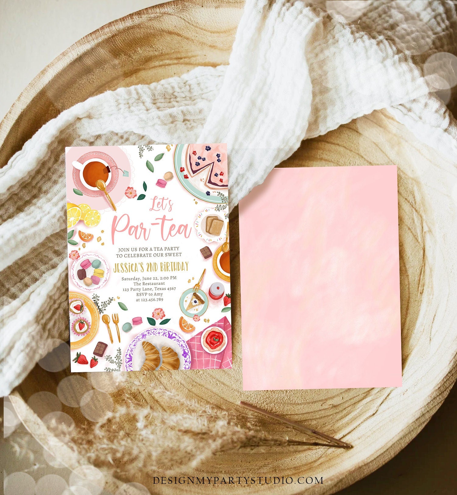 Editable Tea Party Birthday Invitation Girl Par-Tea Floral Pink Gold Whimsical Tea Digital Download Evite Template Printable 0478