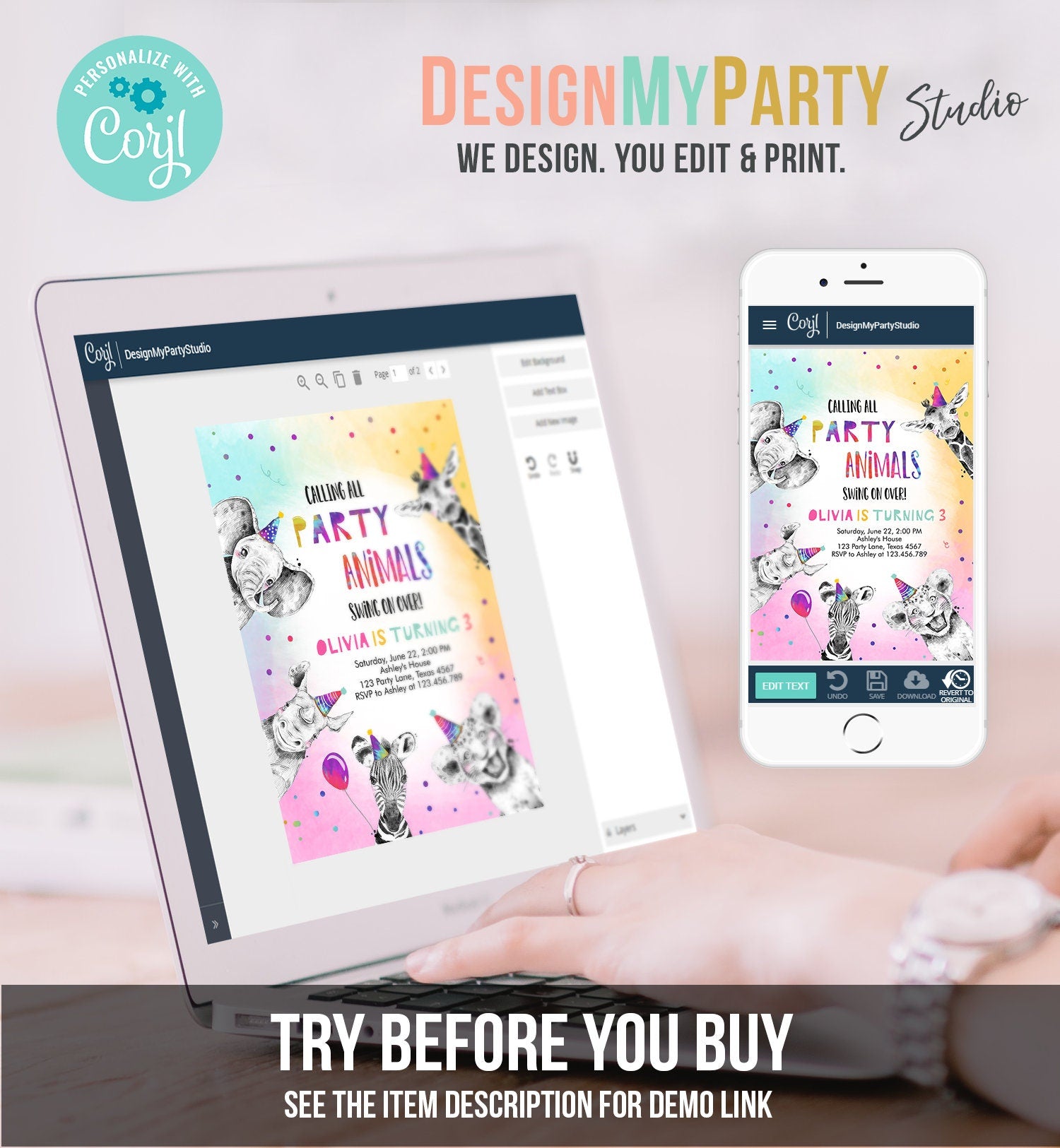 Editable Party Animals Birthday Invitation Wild One Animals Invitation Zoo Safari Animals Girl Digital Download Template Printable 0486