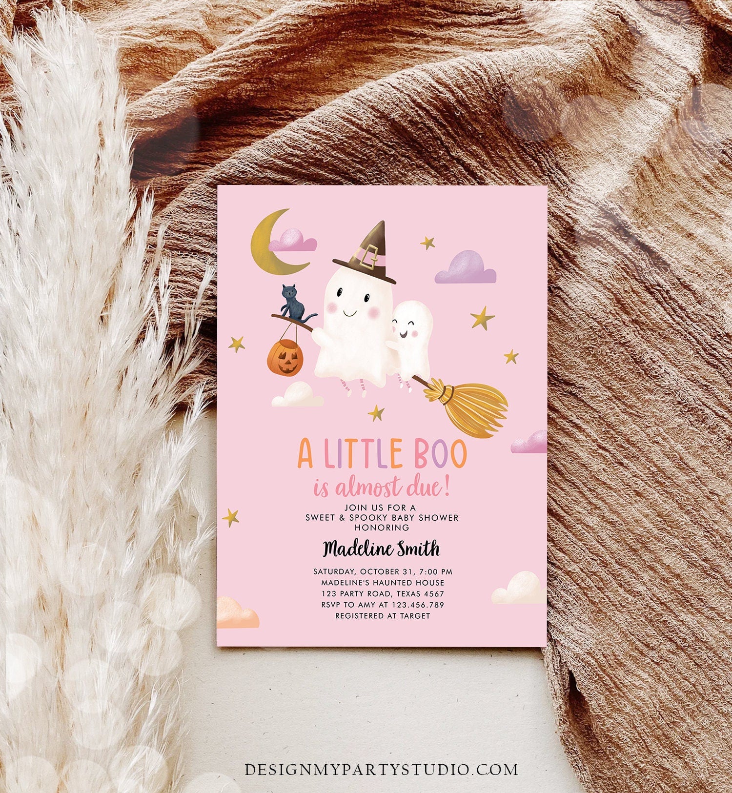 Editable Little Boo Baby Shower Invitation Cute Halloween Baby Boo Almost Due Couples Shower Pink Ghost Girl Template Printable 0479 0009