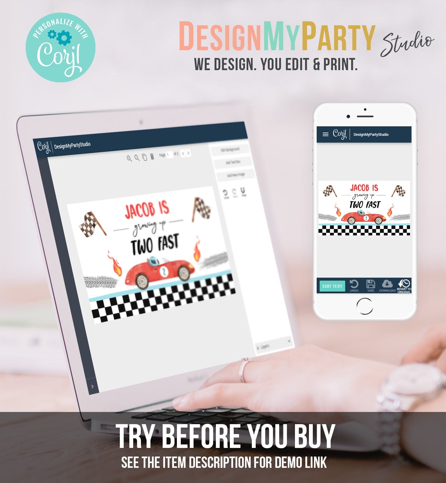 Editable Racing Car Backdrop Banner Growing Up Two Fast Birthday Boy 2nd Second 2 Fast Race Digital Download Template Printable 0424