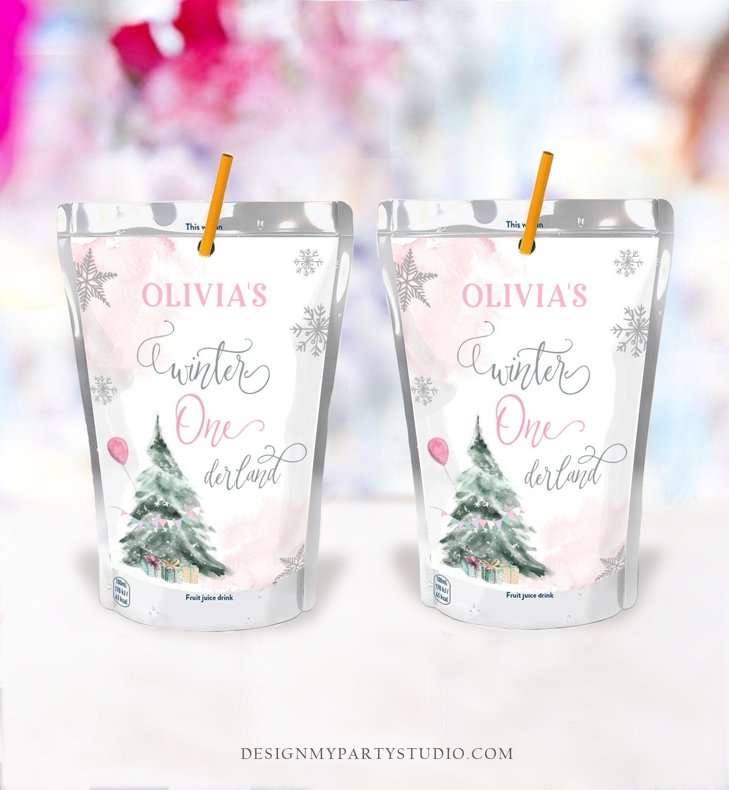 Editable Winter ONEderland Juice Pouch Label Juice Favors Girl First Birthday Christmas Snowflakes Digital Download Template Printable 0363