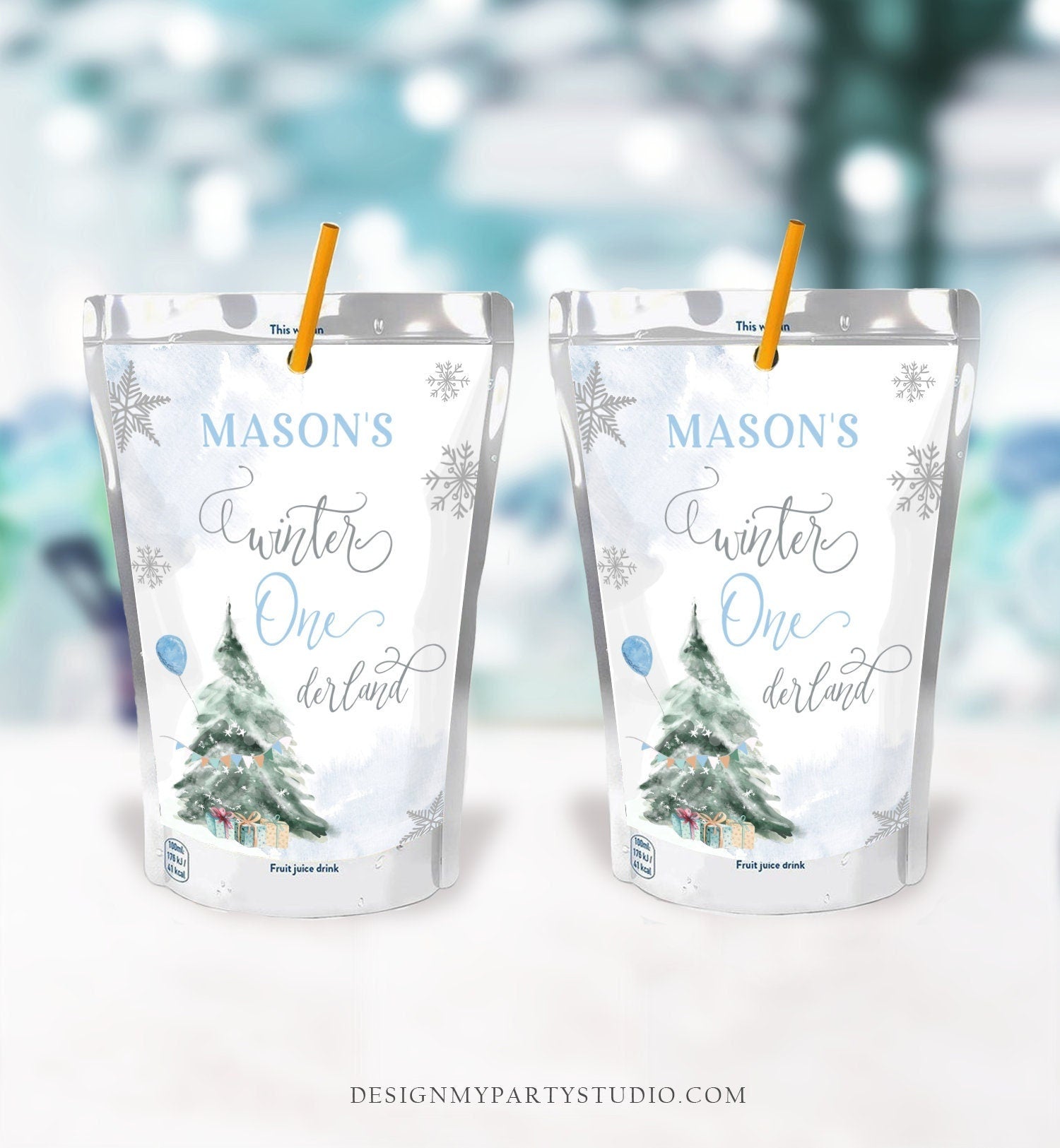 Editable Winter ONEderland Juice Pouch Label Juice Favors Boy First Birthday Christmas Snowflakes Digital Download Template Printable 0363