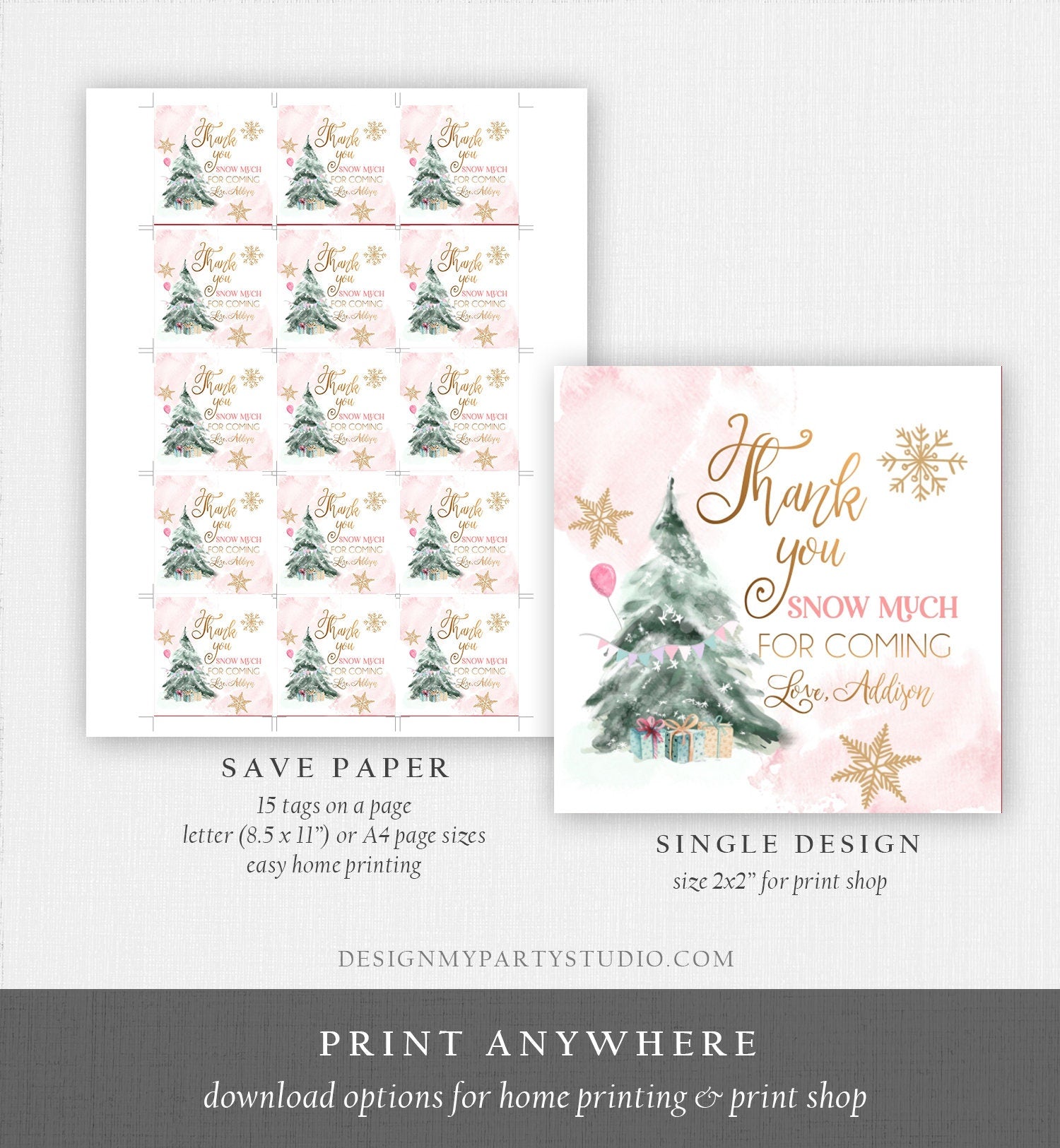 Editable Winter Tree Favor Tag Winter Onederland Girl Christmas Thank You Snow Much Birthday Pink Gold Gift Digital Template Printable 0363