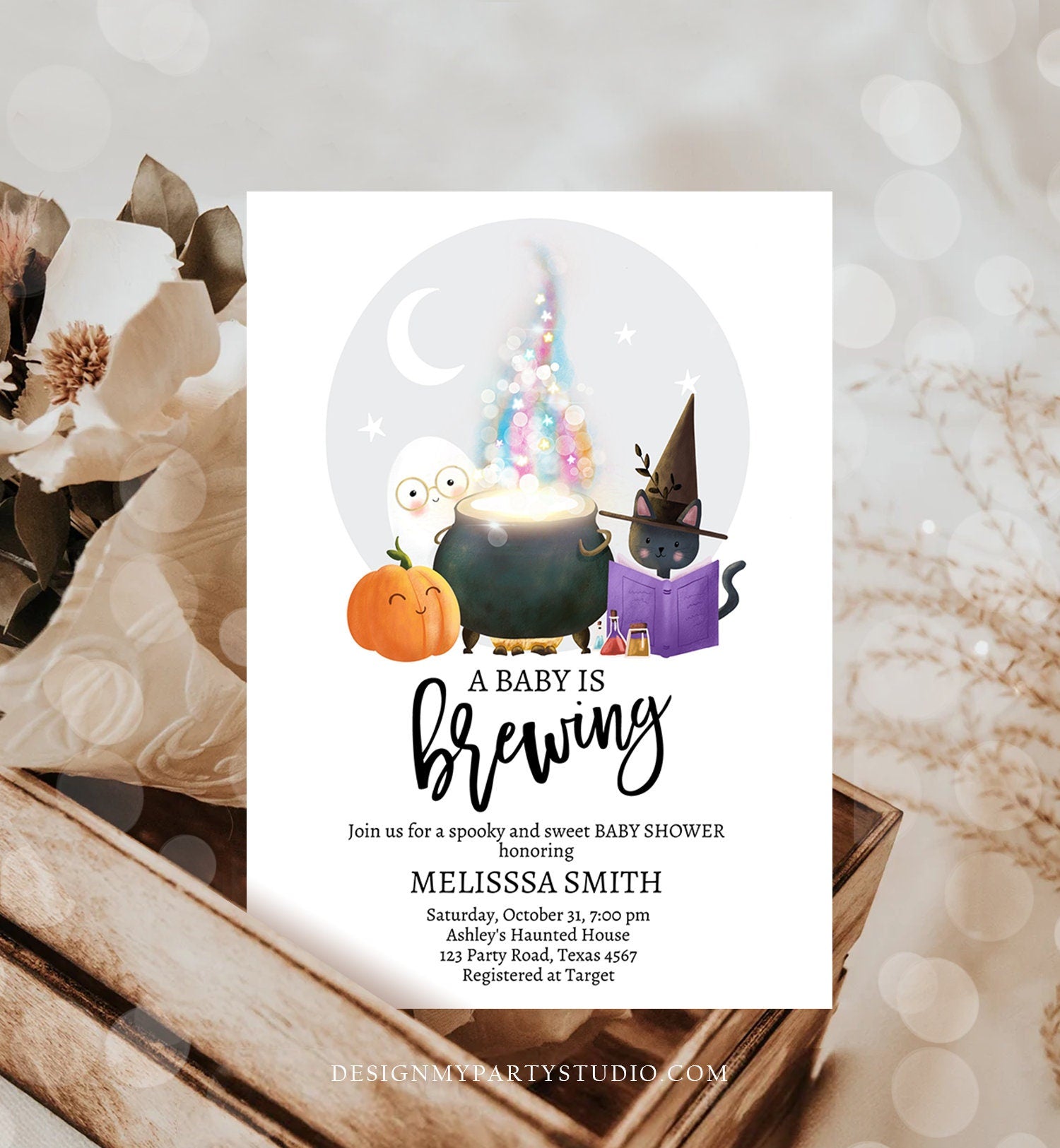 Editable A Baby is Brewing Halloween Baby Shower Invitation Gender Neutral Spooky Fall Couples Digital Download Template Printable 0480 0009