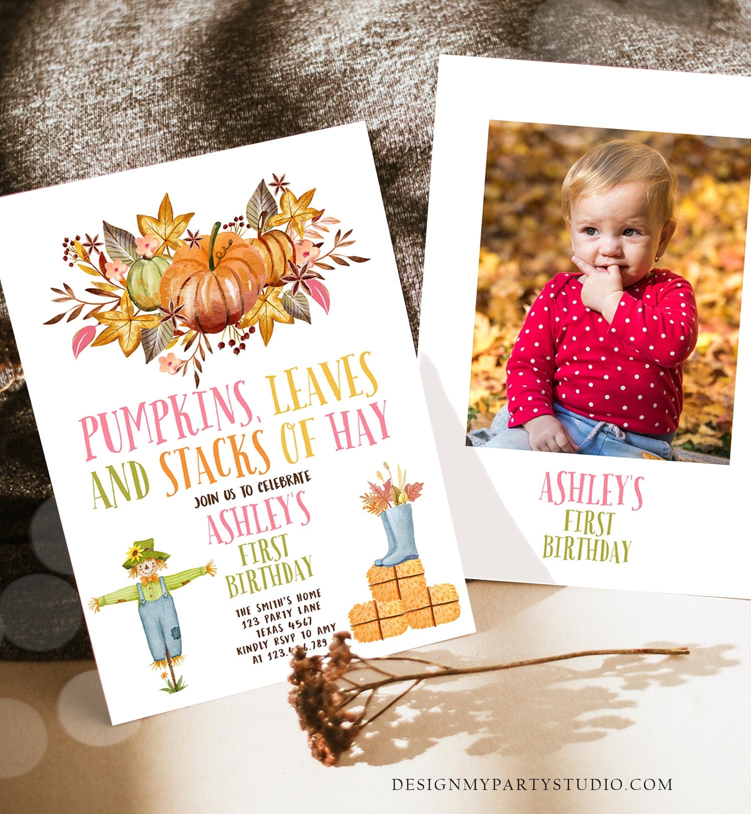 Editable Pumpkin Birthday Invitation Fall Harvest Girl Pink Autumn 1st Birthday Pumpkin Party Fall Digital Download Template Printable 0488