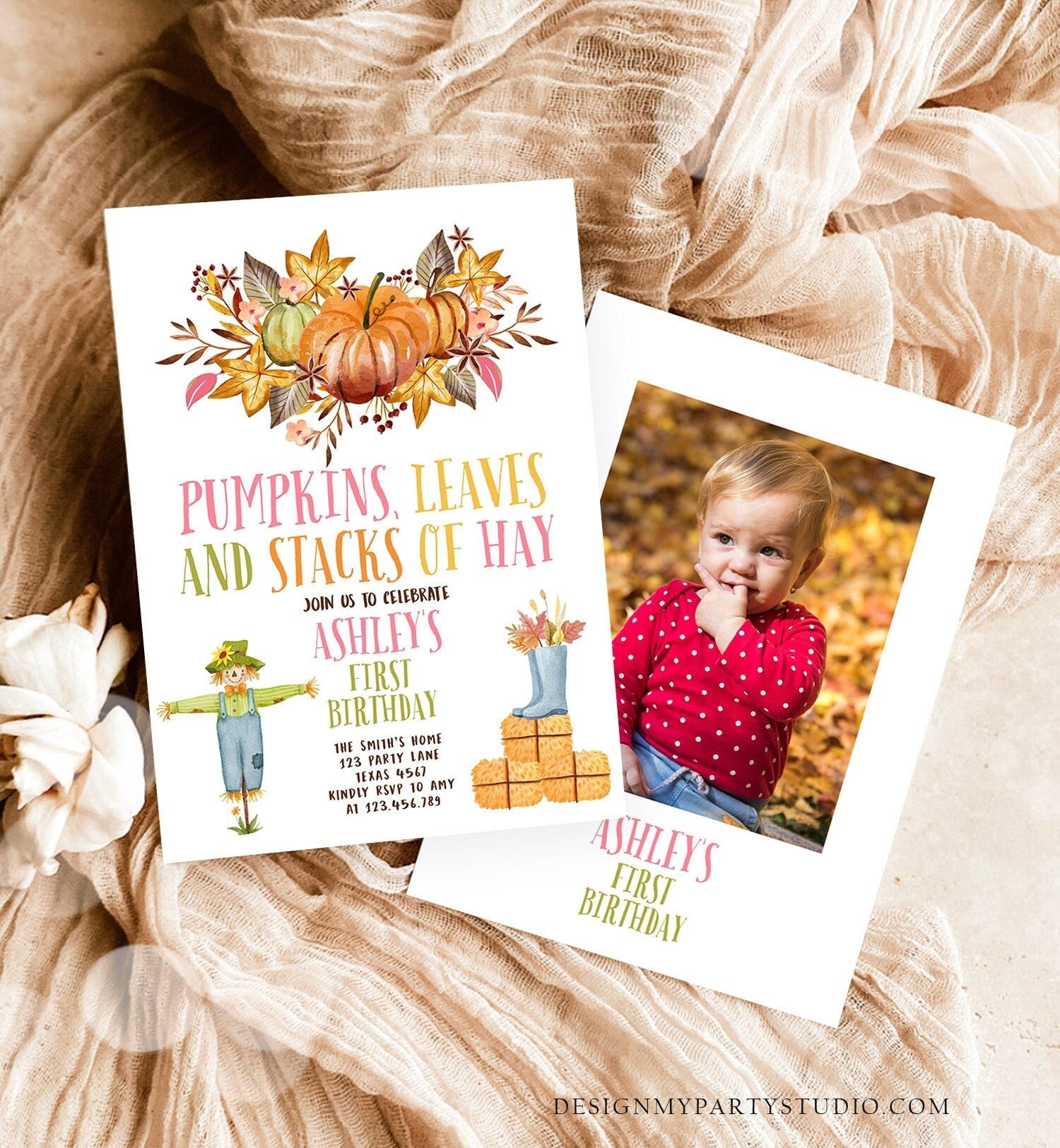 Editable Pumpkin Birthday Invitation Fall Harvest Girl Pink Autumn 1st Birthday Pumpkin Party Fall Digital Download Template Printable 0488