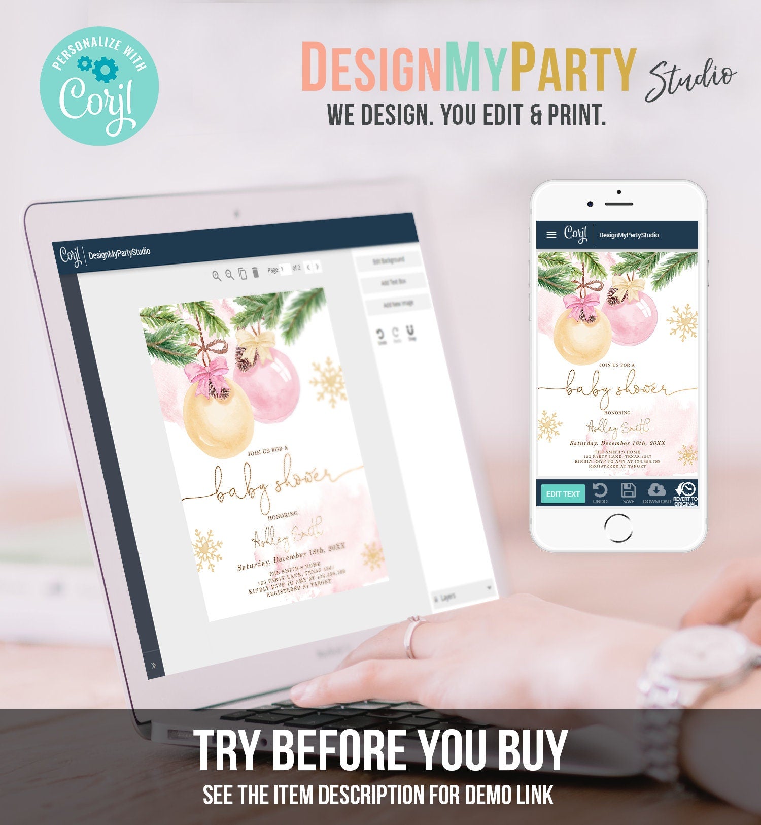 Editable Winter Baby Shower Invitation Baby It's Cold Outside Christmas Couples Girl Blush Pink Watercolor Digital Template Printable 0490