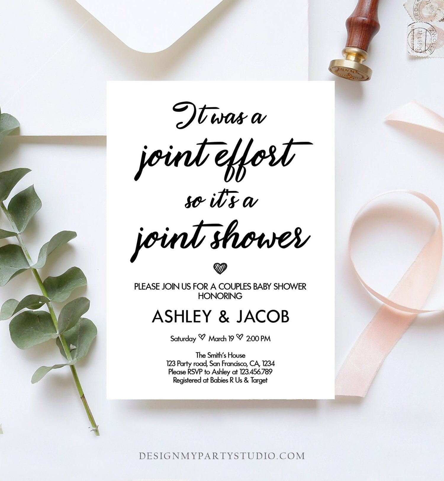 Editable Couples Baby Shower Invitation Coed Baby Shower Joint Funny White Modern Simple Neutral Download Evite Template Printable 0311