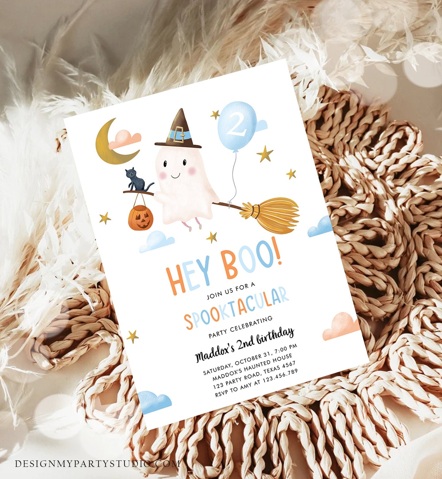 Editable Halloween Birthday Invitation Boy Ghost Costume Party Blue Kids Spooktacular Spooky Hey Boo Printable Template Evite 0479 0009