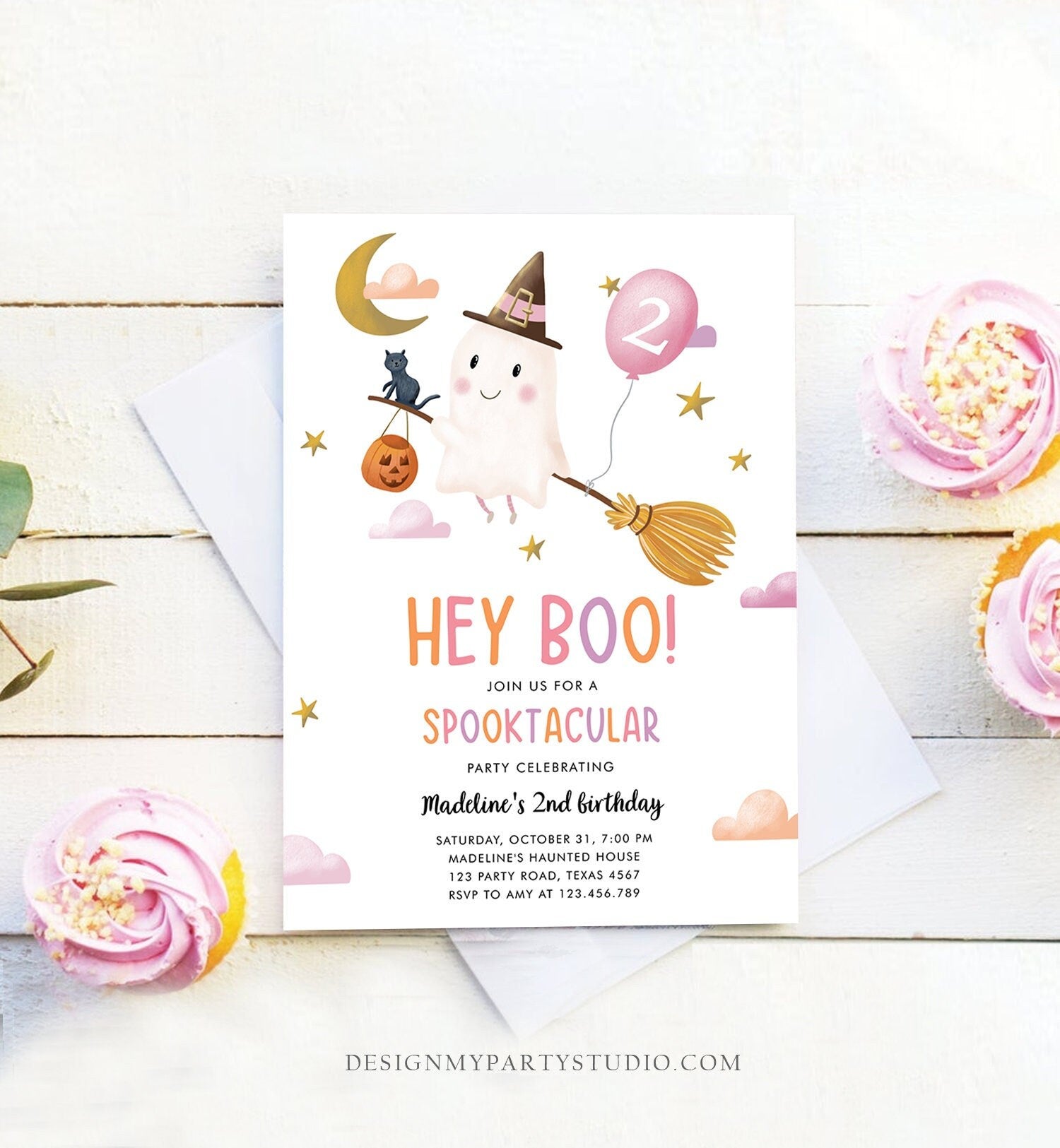Editable Halloween Birthday Invitation Girl Ghost Costume Party Pink Kids Spooktacular Spooky Hey Boo Printable Template Evite 0479 0009