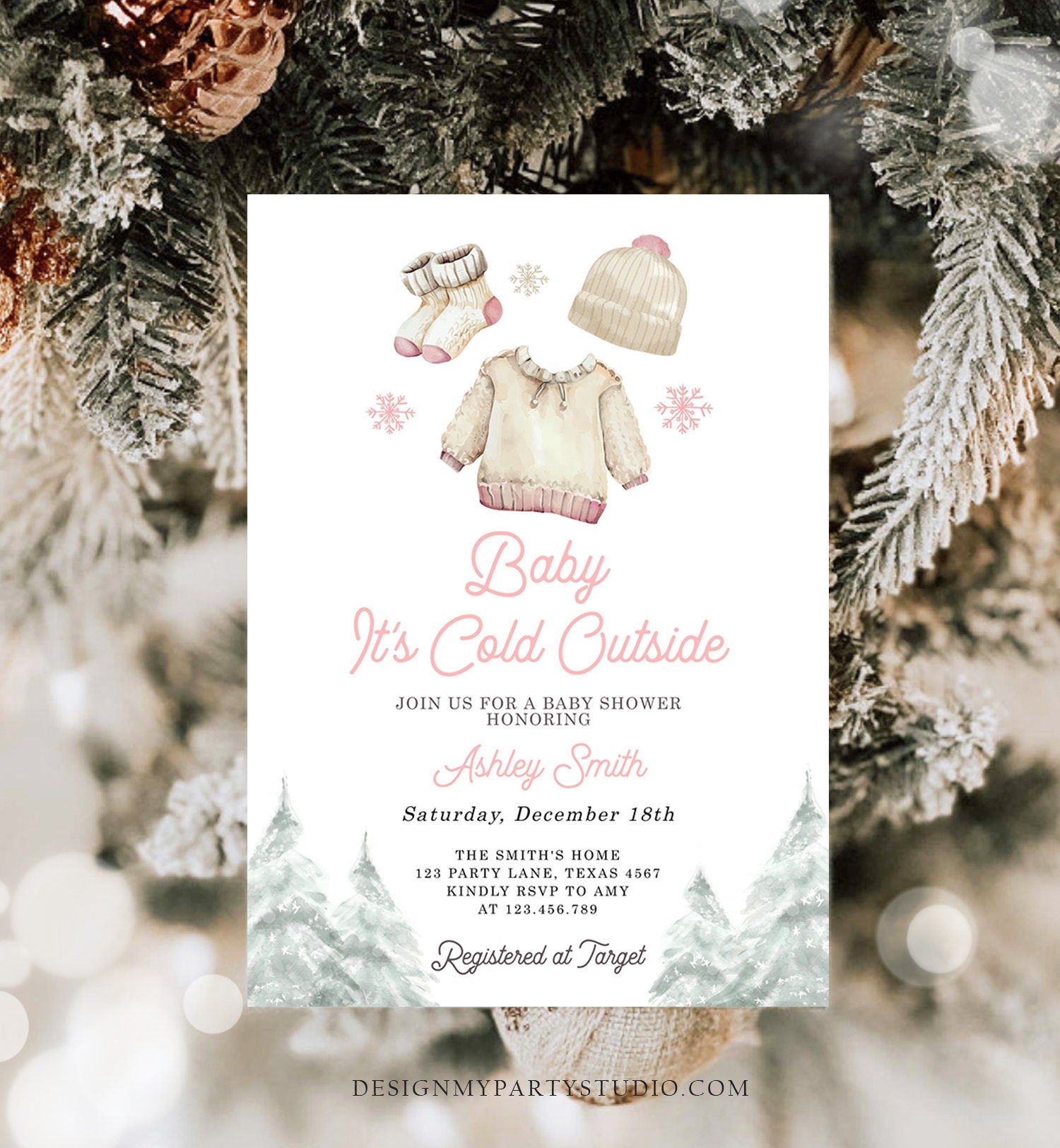 Editable Baby It's Cold Outside Invitation Winter Baby Shower Girl Christmas Pink Baby Clothes Watercolor Digital Template Printable 0491