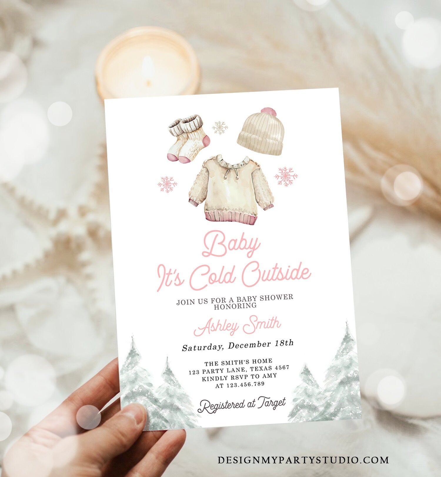 Editable Baby It's Cold Outside Invitation Winter Baby Shower Girl Christmas Pink Baby Clothes Watercolor Digital Template Printable 0491