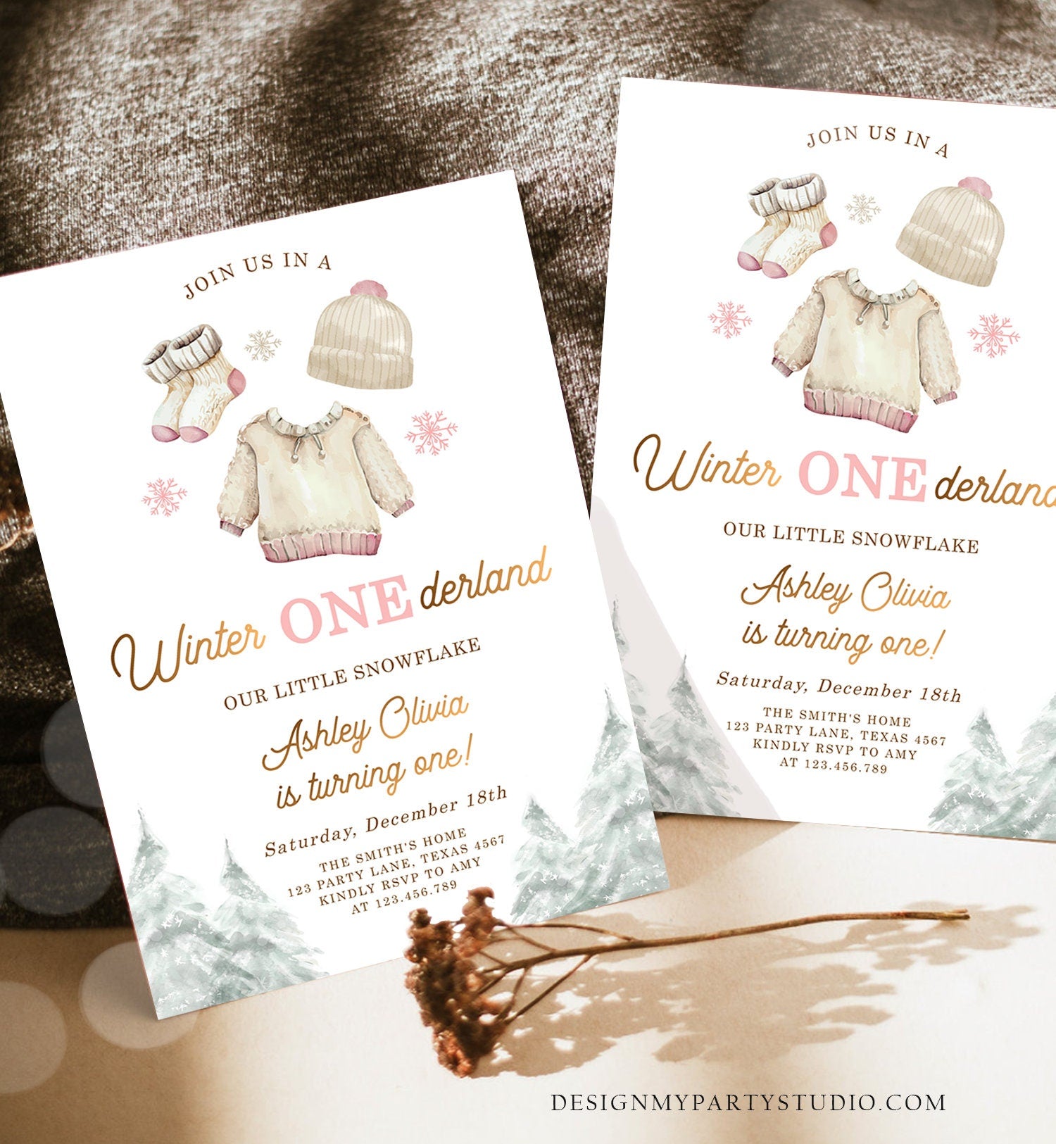 Editable Winter ONEderland Birthday Invitation First Birthday 1st Girl Pink Snow Gold Christmas Snowflake Digital Template Printable 0491