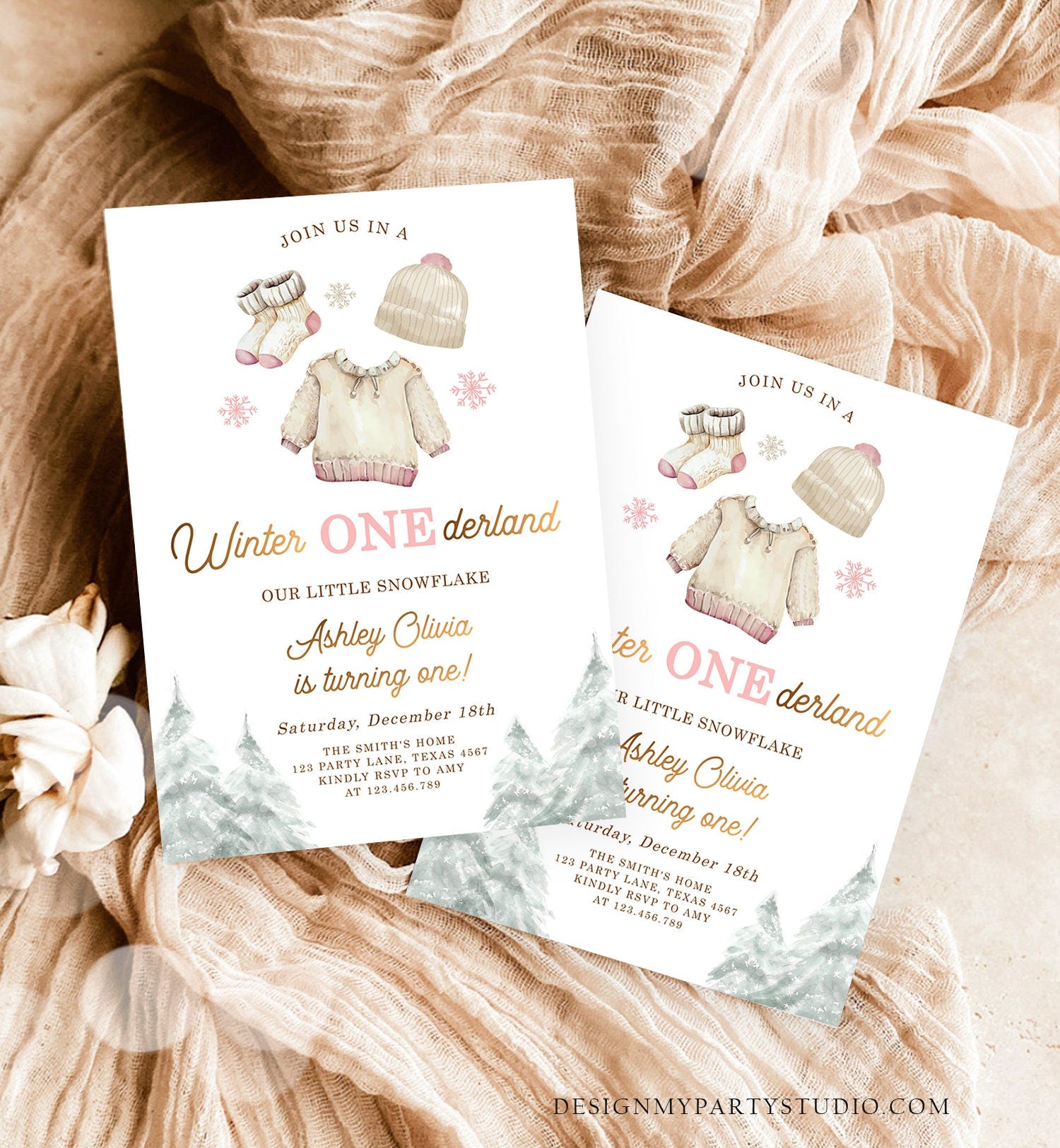 Editable Winter ONEderland Birthday Invitation First Birthday 1st Girl Pink Snow Gold Christmas Snowflake Digital Template Printable 0491