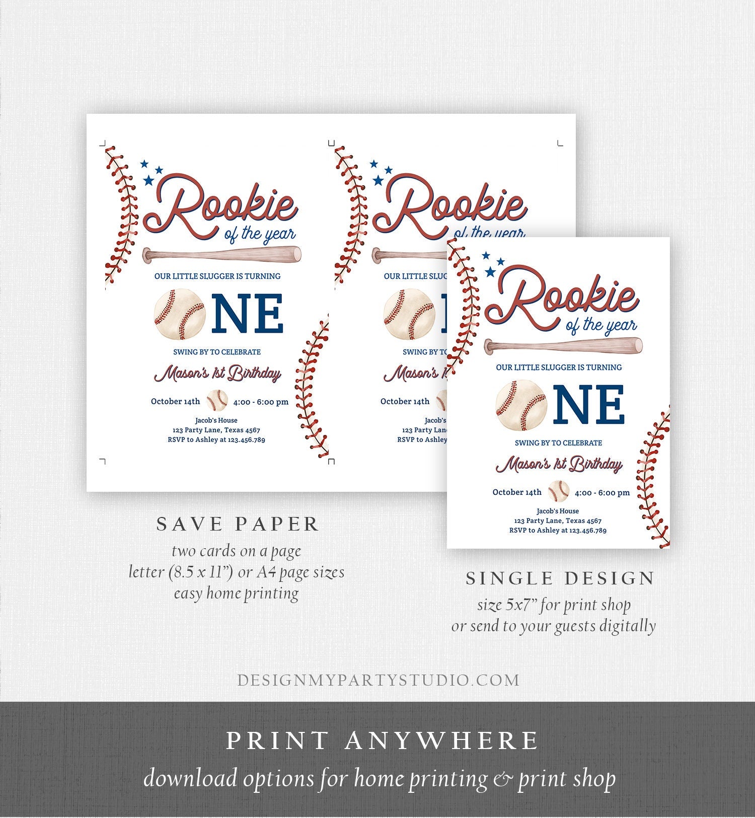 Editable Baseball First Birthday Invitation Rookie of The Year Invite Boy Birthday Little Slugger Digital Download Template Printable 0492