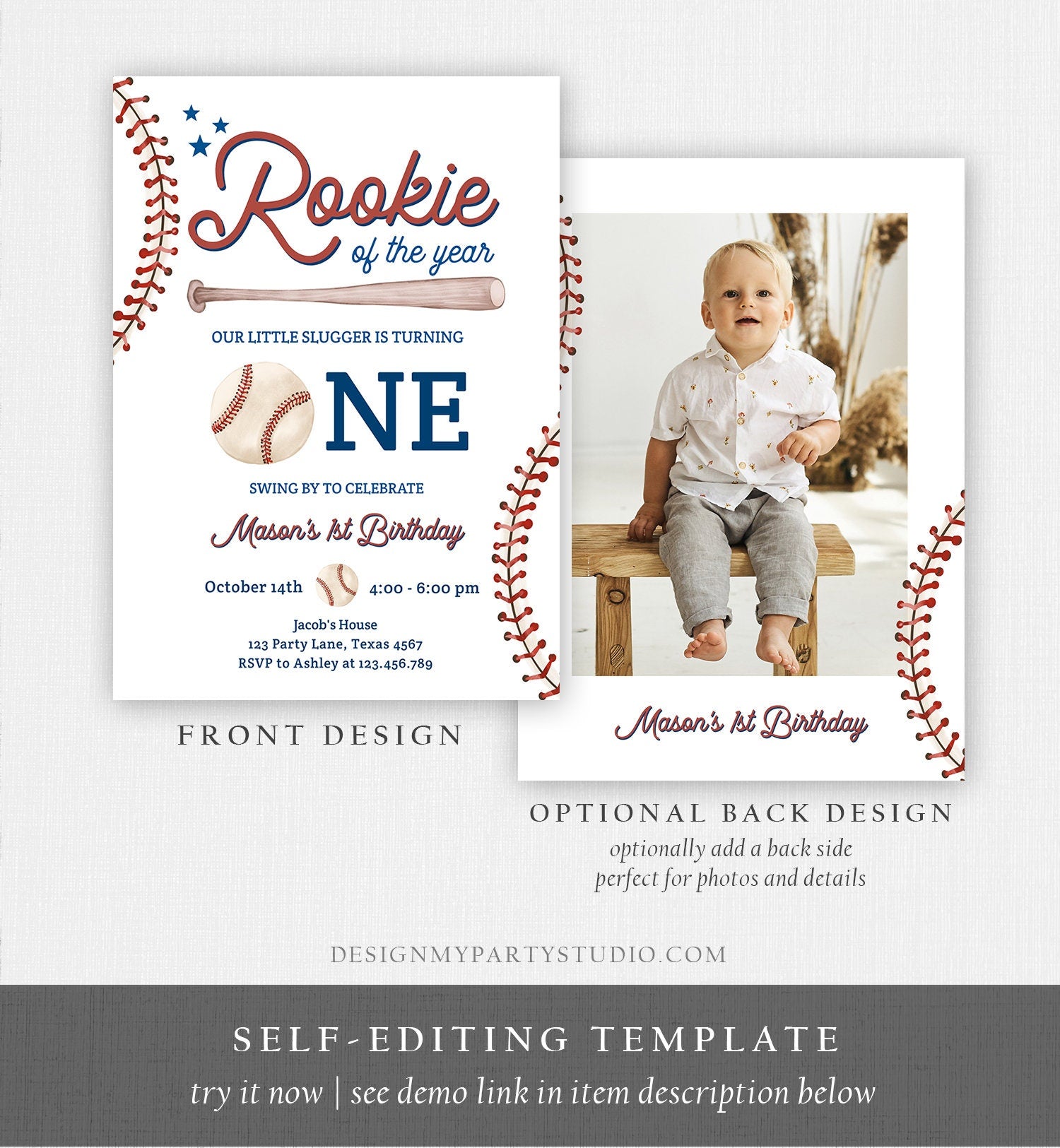 Editable Baseball First Birthday Invitation Rookie of The Year Invite Boy Birthday Little Slugger Digital Download Template Printable 0492