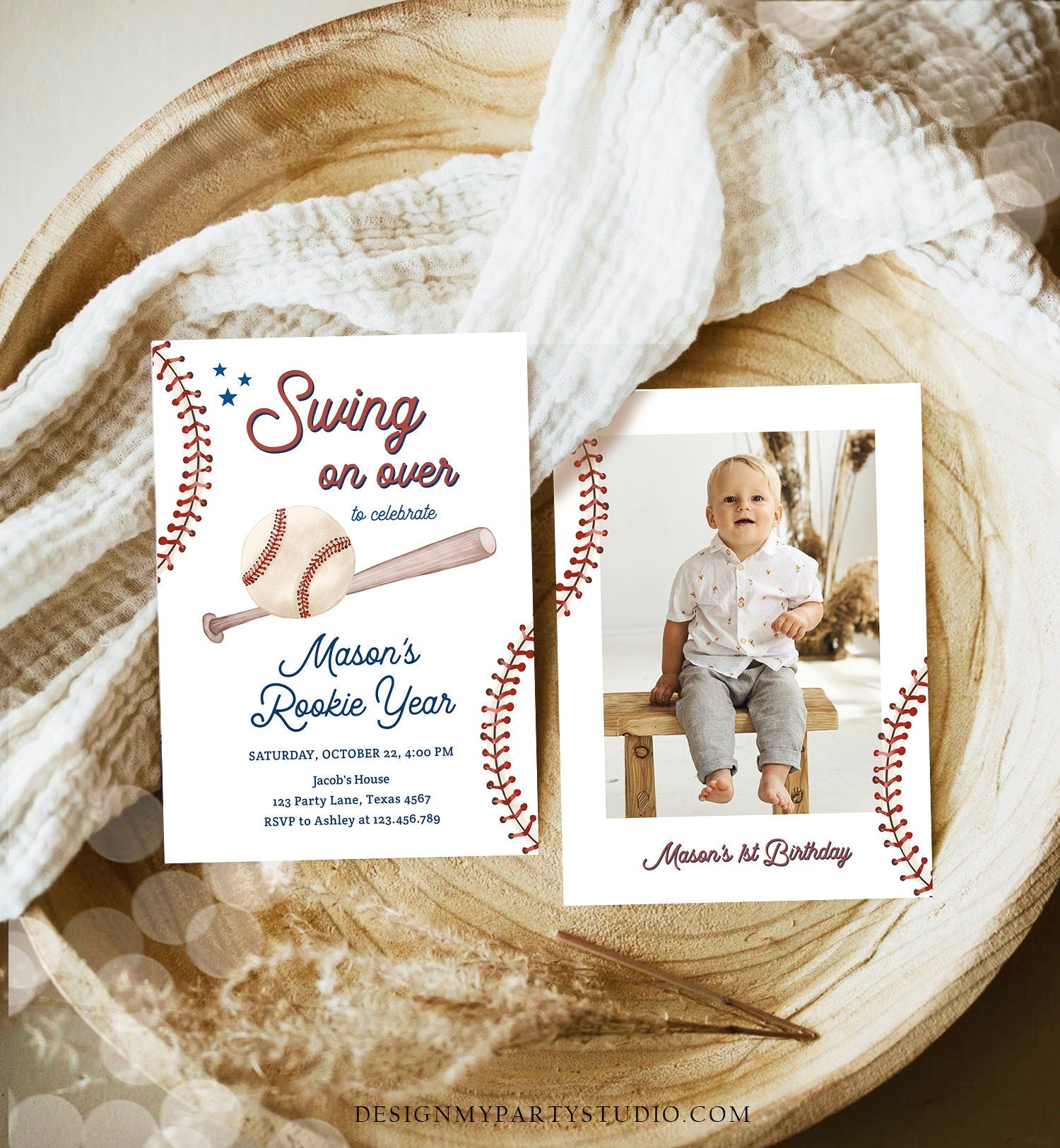 Editable Baseball First Birthday Invitation Rookie of The Year Boy Birthday Little Slugger Swing Digital Evite Template Printable 0492