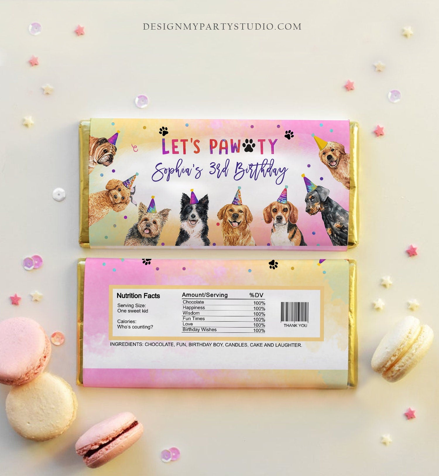 Editable Dog Candy Bar Wrapper Dog Birthday Party Chocolate Bar Label Puppy Boy Puppy Party Pawty Download Digital Template Printable 0460