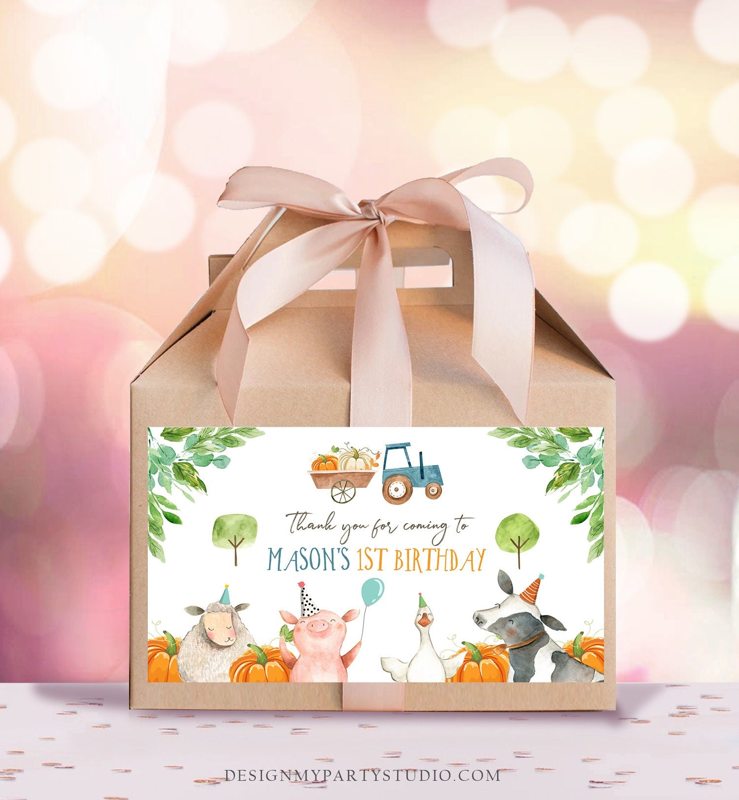 Farm Animals Gable Gift Box Label Boy Farm Birthday Treat Box Label Barnyard Party Farm Boy Fall Pumpkin Download Printable Corjl 0155