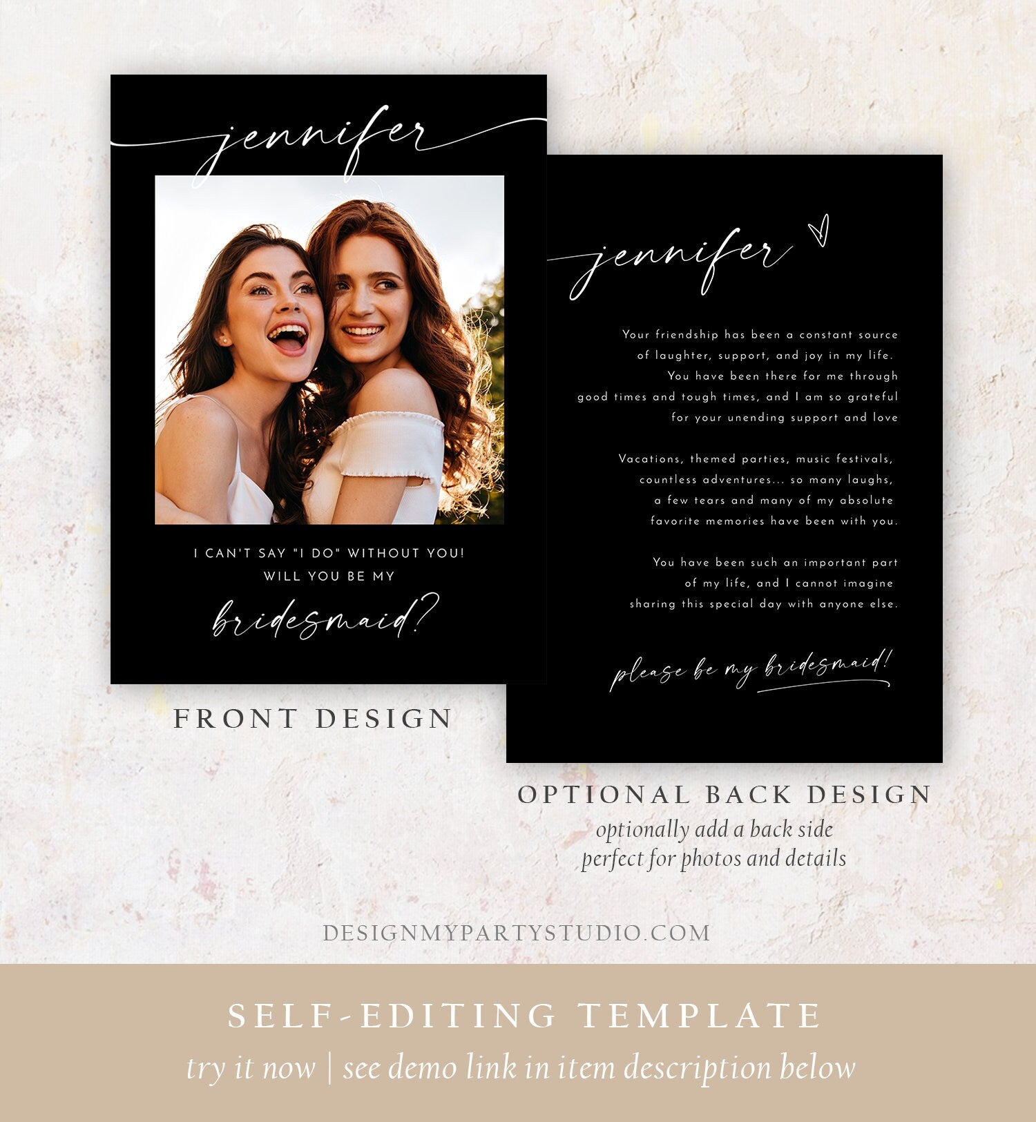 Editable Will You Be My Bridesmaid Card Proposal Photo Card Boho Rustic Modern Minimalist Wedding Calligraphy Template Printable 0493