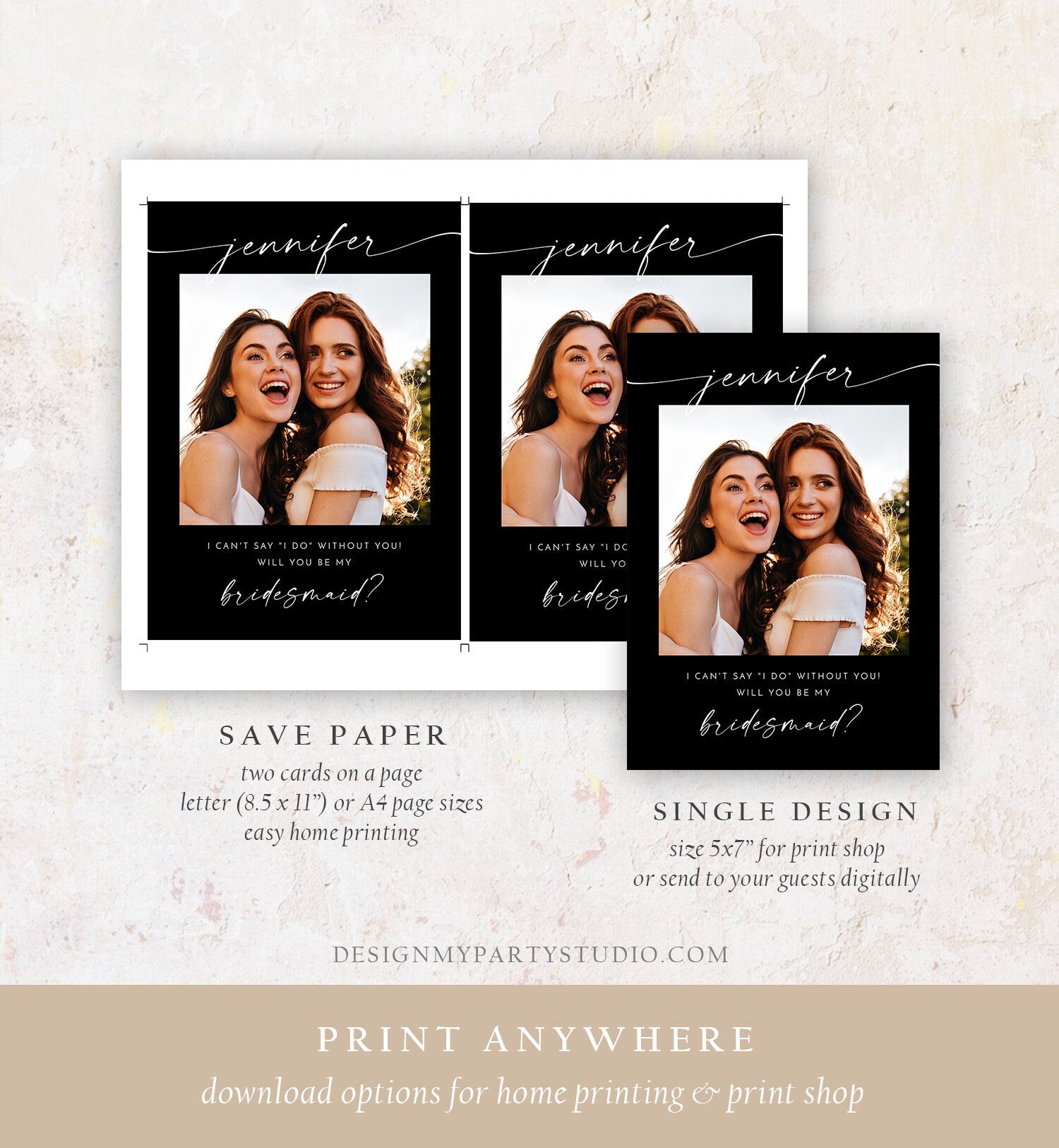 Editable Will You Be My Bridesmaid Card Proposal Photo Card Boho Rustic Modern Minimalist Wedding Calligraphy Template Printable 0493