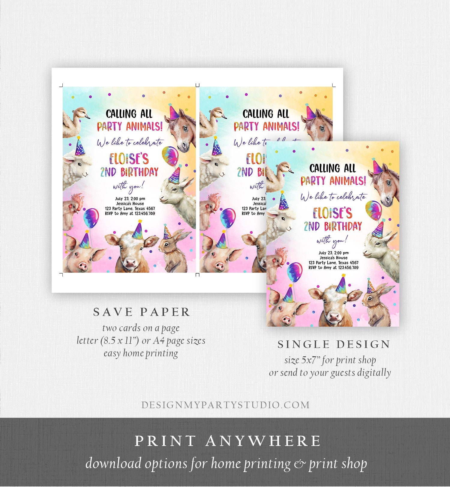 Editable Farm Animals Birthday Invitation Girl Farm Barnyard First Birthday Party Animals Confetti Digital Download Template Printable 0483
