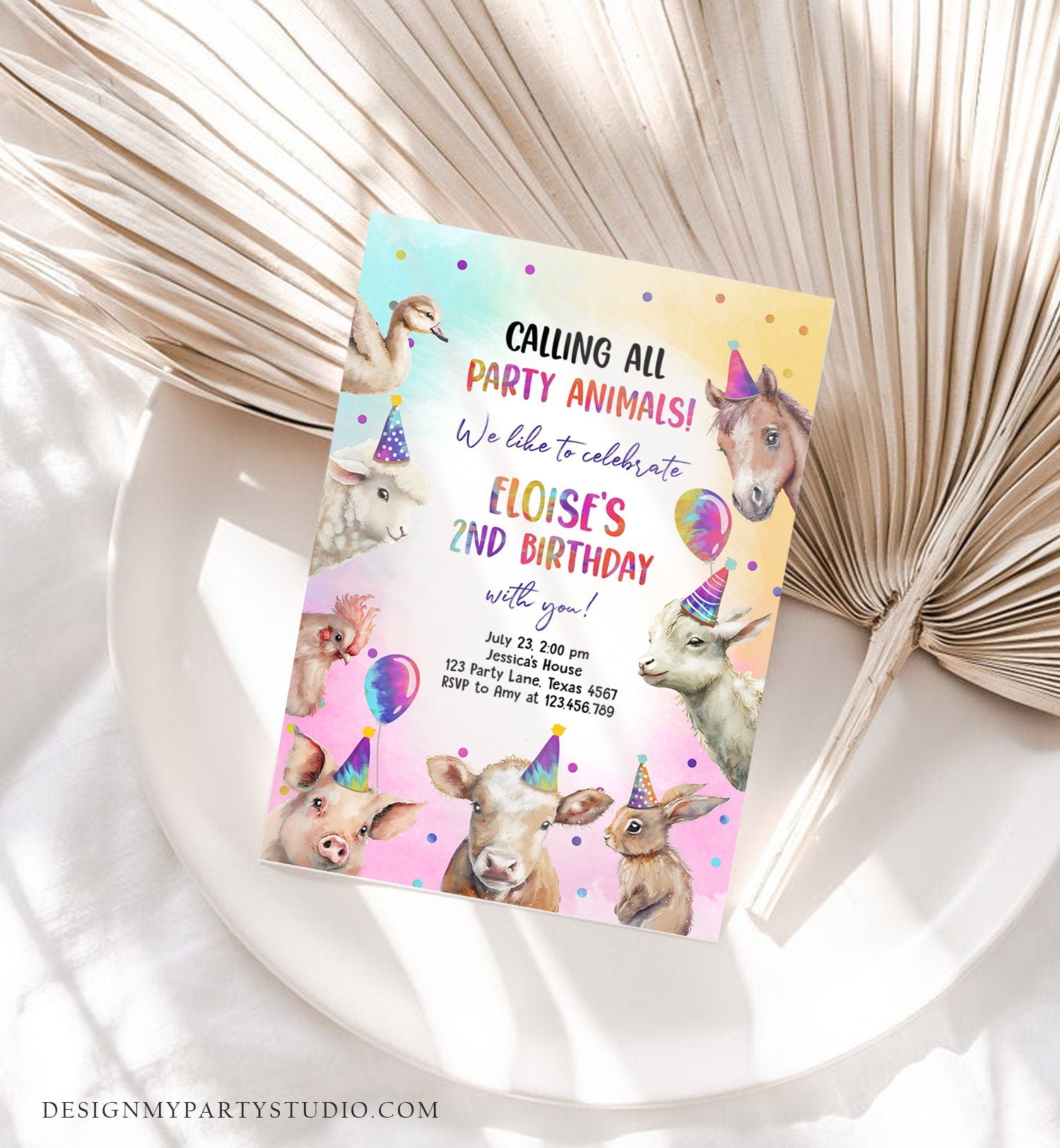 Editable Farm Animals Birthday Invitation Girl Farm Barnyard First Birthday Party Animals Confetti Digital Download Template Printable 0483