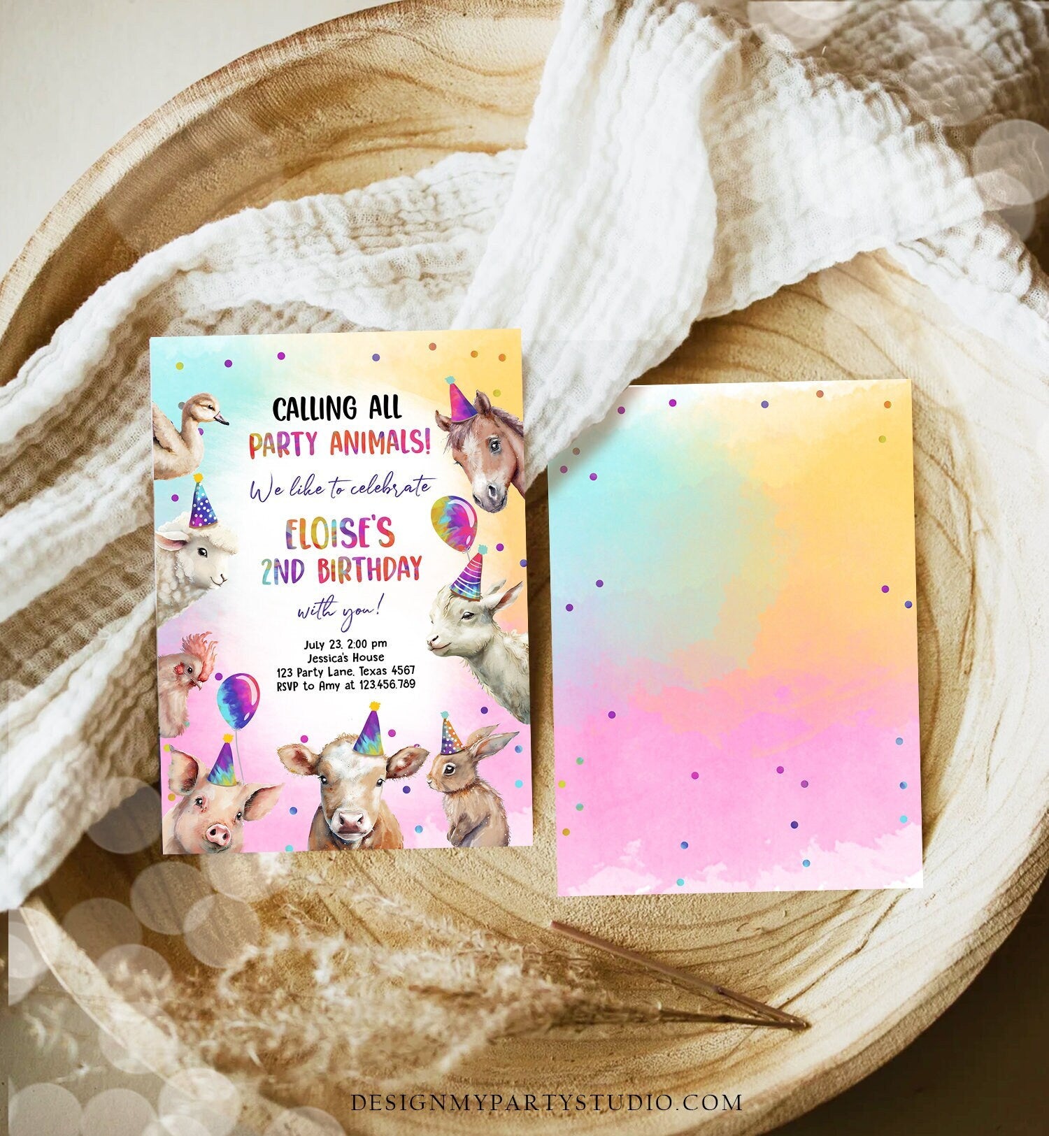 Editable Farm Animals Birthday Invitation Girl Farm Barnyard First Birthday Party Animals Confetti Digital Download Template Printable 0483