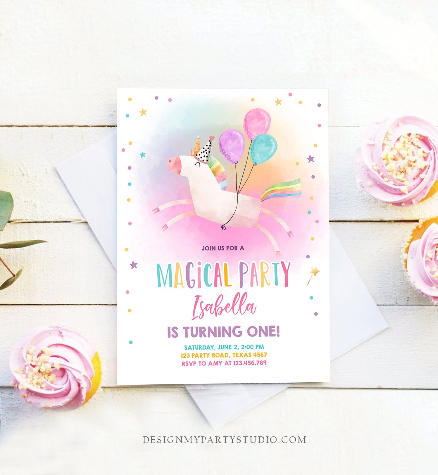 Editable Unicorn Birthday Invitation Magical Party Invite Girl Pink First Birthday Digital Invite Template Rainbow Download Corjl 0336