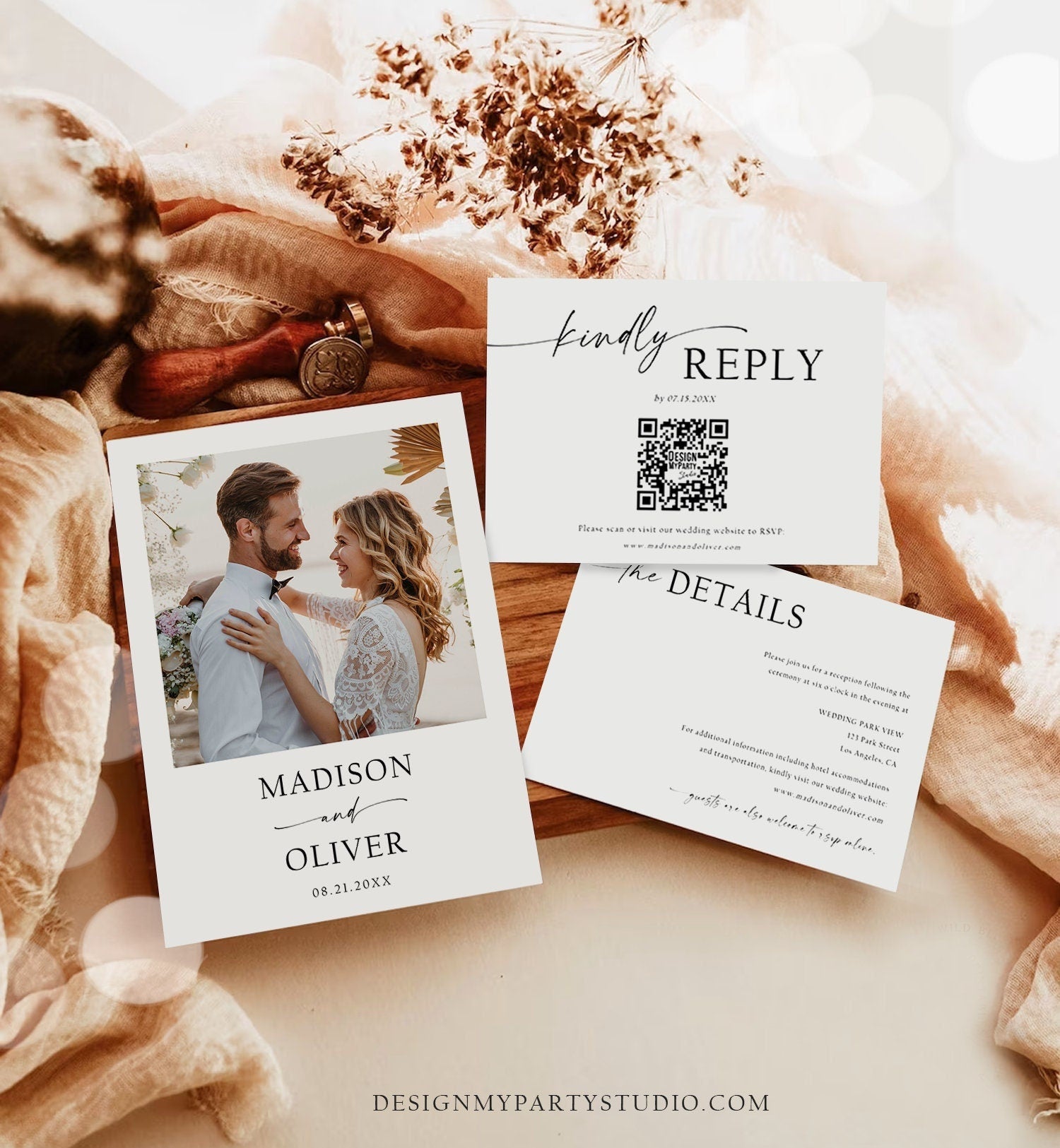 Editable Minimalist Modern Wedding Invitation Suite RSVP Card Details Card Photo Boho Rustic Modern Calligraphy Template Printable 0493