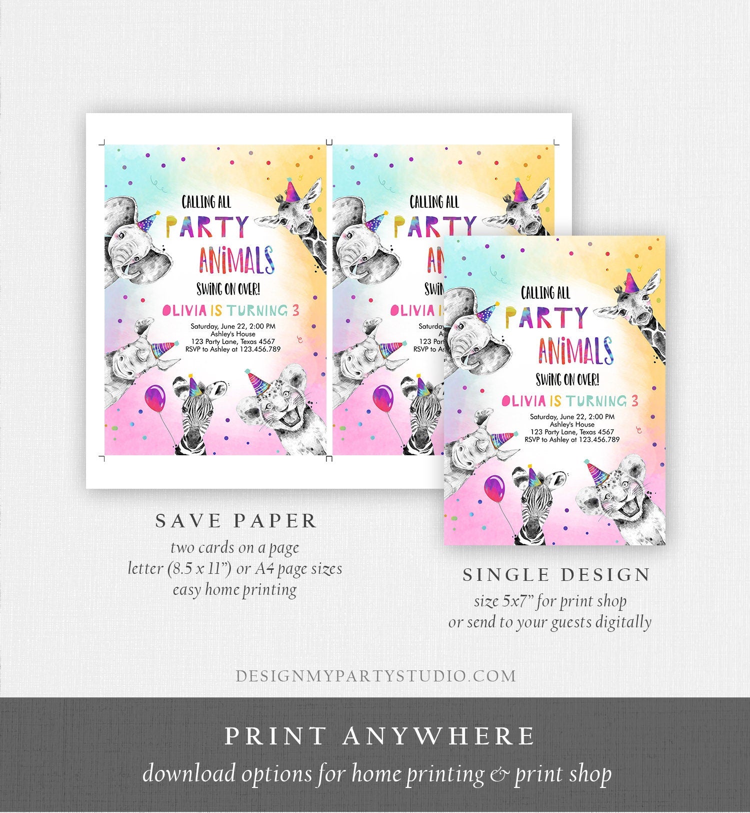 Editable Party Animals Birthday Invitation Wild One Animals Invitation Zoo Safari Animals Girl Digital Download Template Printable 0486