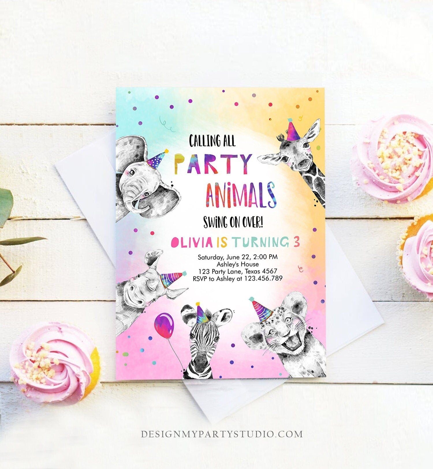 Editable Party Animals Birthday Invitation Wild One Animals Invitation Zoo Safari Animals Girl Digital Download Template Printable 0486
