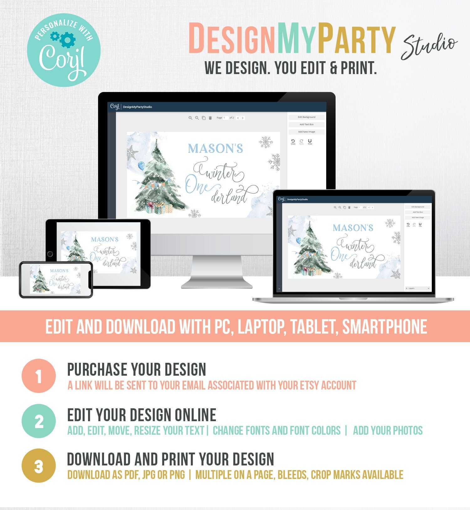 Editable Winter ONEderland Gable Gift Box Label Boy Birthday Treat Box Label Snow Tree Christmas Snowflake Download Printable Corjl 0363