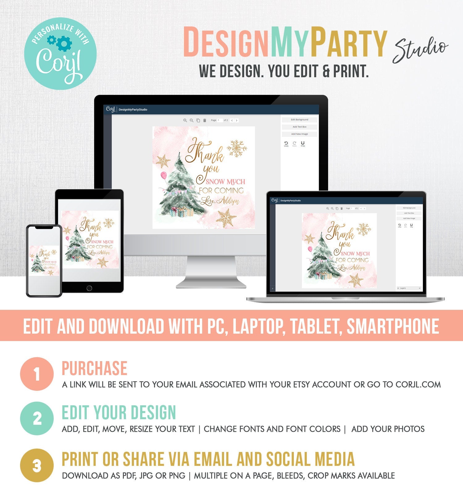 Editable Winter Tree Favor Tag Winter Onederland Girl Christmas Thank You Snow Much Birthday Pink Gold Gift Digital Template Printable 0363