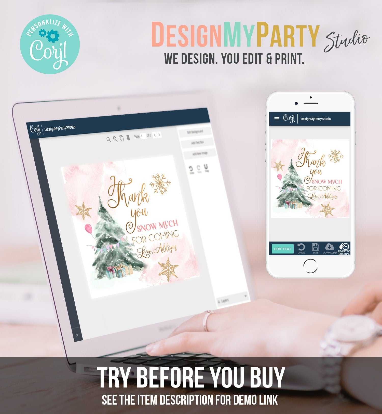 Editable Winter Tree Favor Tag Winter Onederland Girl Christmas Thank You Snow Much Birthday Pink Gold Gift Digital Template Printable 0363