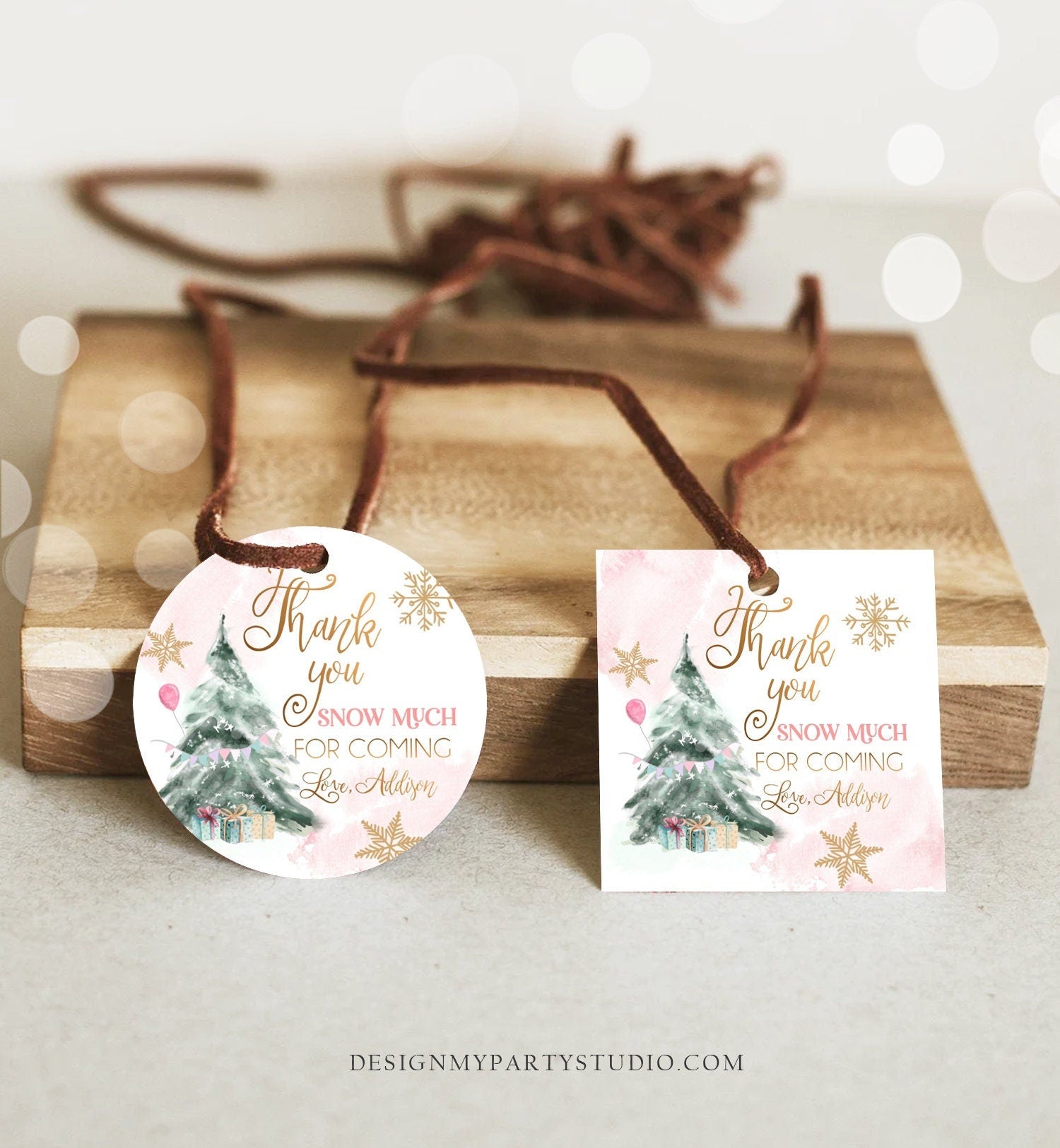 Editable Winter Tree Favor Tag Winter Onederland Girl Christmas Thank You Snow Much Birthday Pink Gold Gift Digital Template Printable 0363