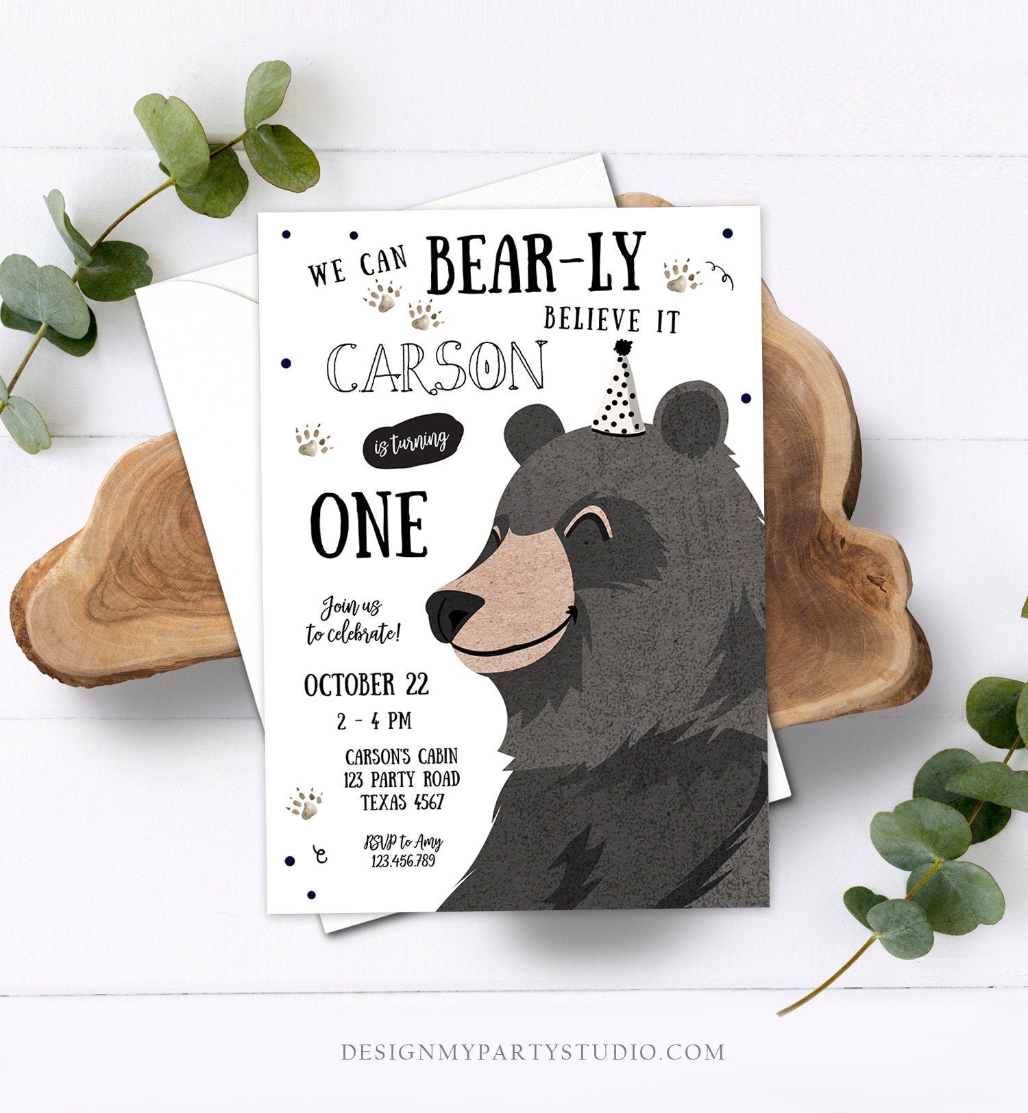 Editable Bear Birthday Invitation Boy Black Bear Evite Little Cub Woodland Camping Party Digital Download Corjl Template Printable 0266