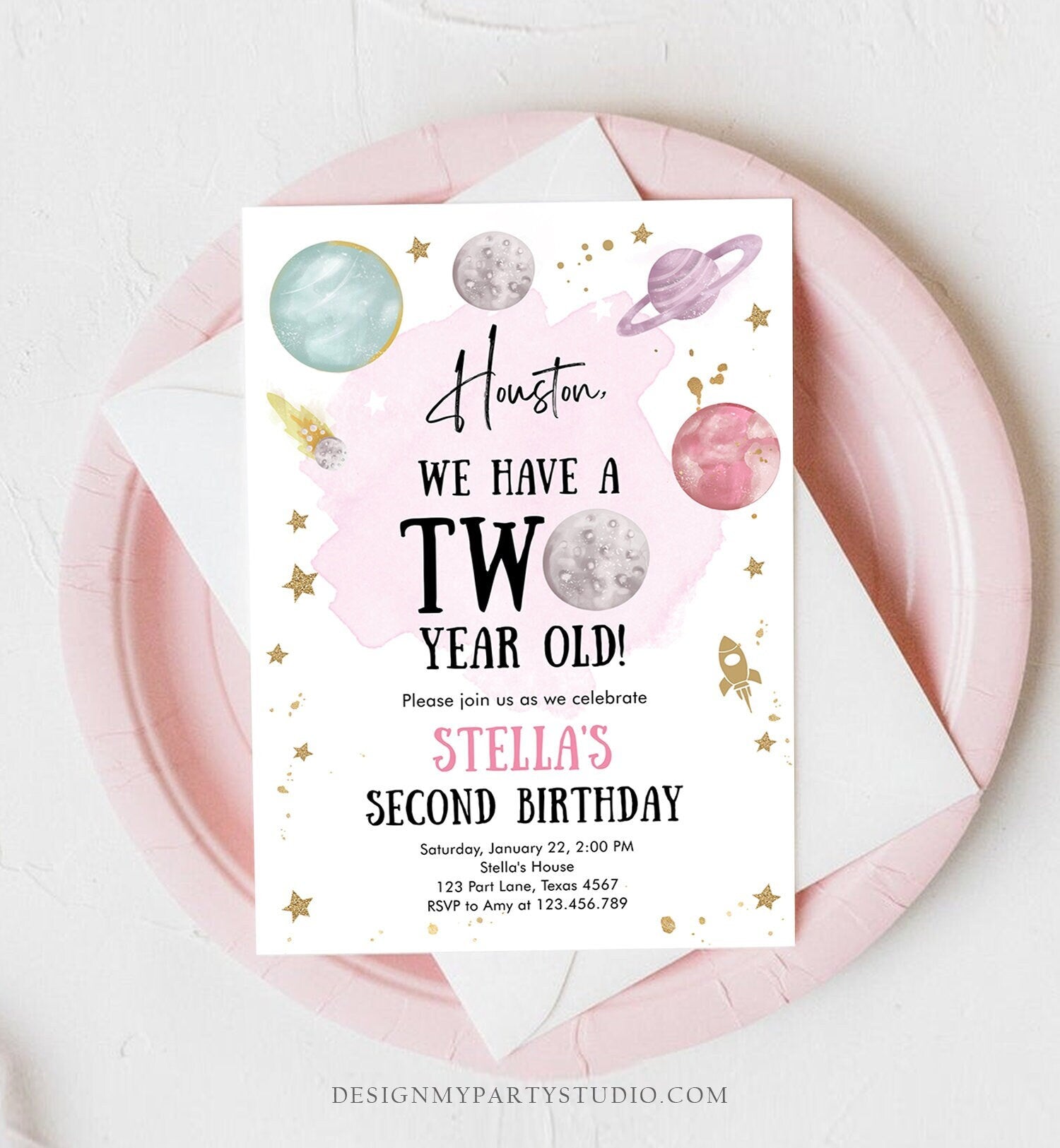 Editable Outer Space Second Birthday Invitation Galaxy Houston Two Year Old 2nd Birthday Girl Download Printable Template Digital Corjl 0357