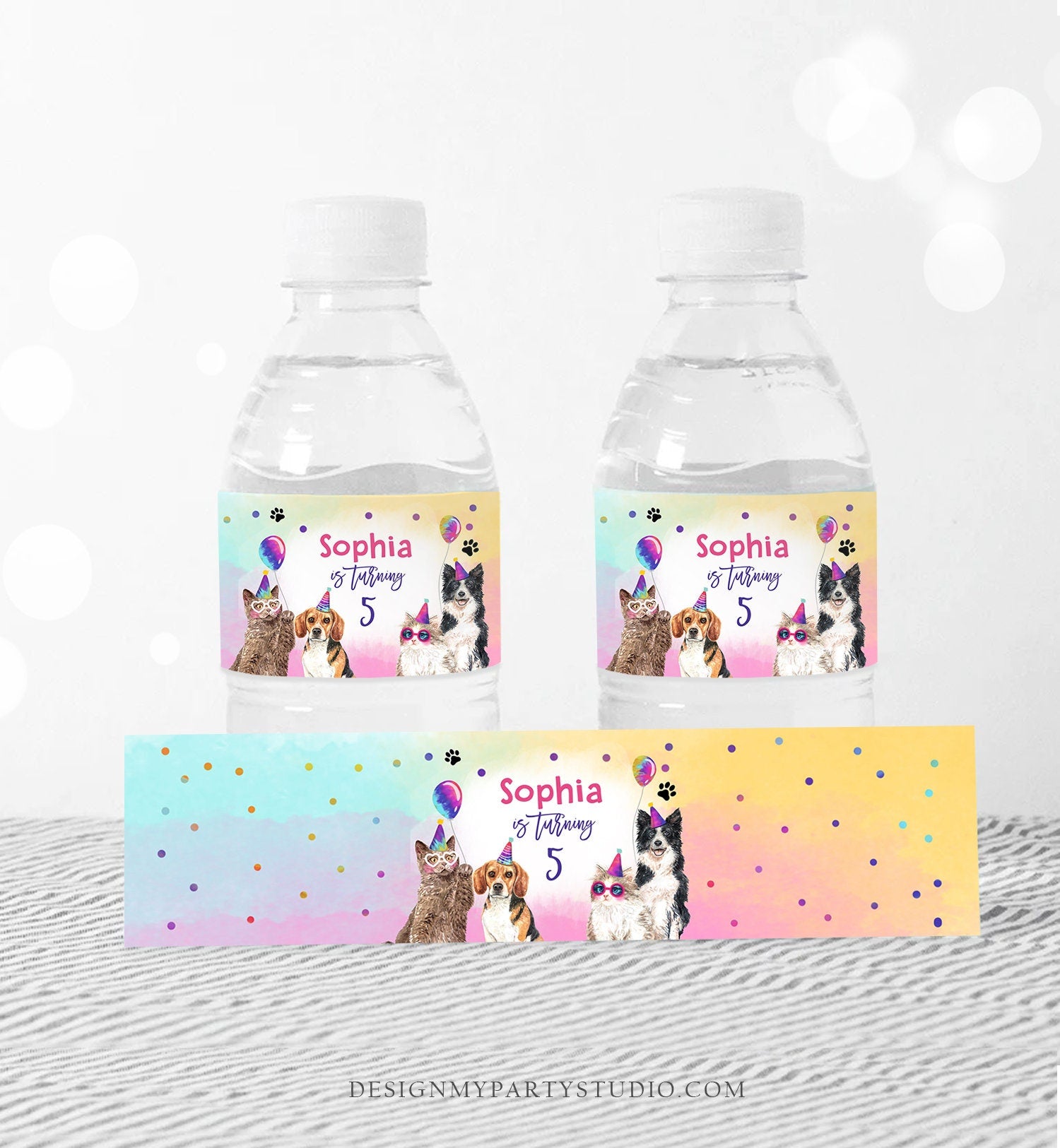 Editable Cats and Dogs Water Bottle Labels Dog Birthday Puppy Party Kitten Pet Cat Decor Bottle Wrap Digital Template Printable 0460
