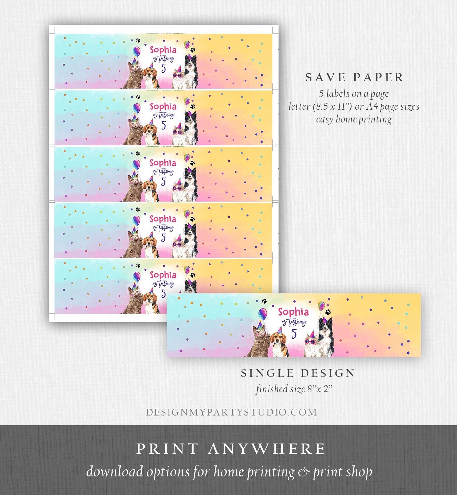 Editable Cats and Dogs Water Bottle Labels Dog Birthday Puppy Party Kitten Pet Cat Decor Bottle Wrap Digital Template Printable 0460