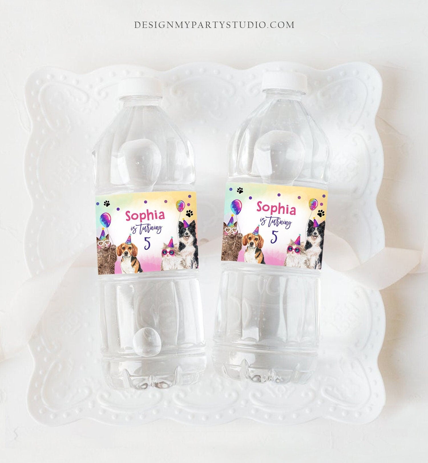 Editable Cats and Dogs Water Bottle Labels Dog Birthday Puppy Party Kitten Pet Cat Decor Bottle Wrap Digital Template Printable 0460