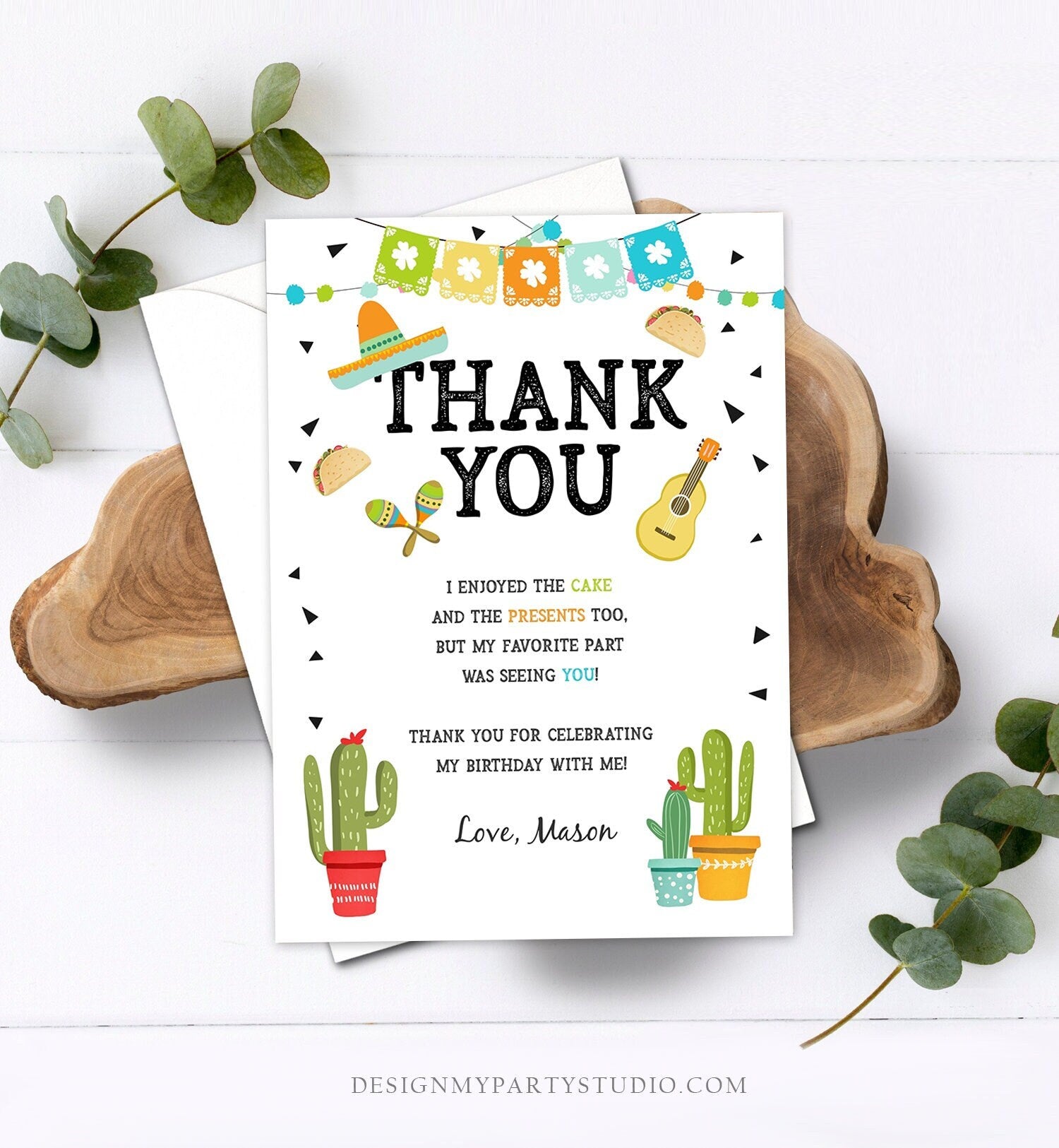 Editable Fiesta Thank You Card Birthday Taco Bout Bridal Shower Baby Cactus Succulent Mexican First Fiesta Digital Template Printable 0161