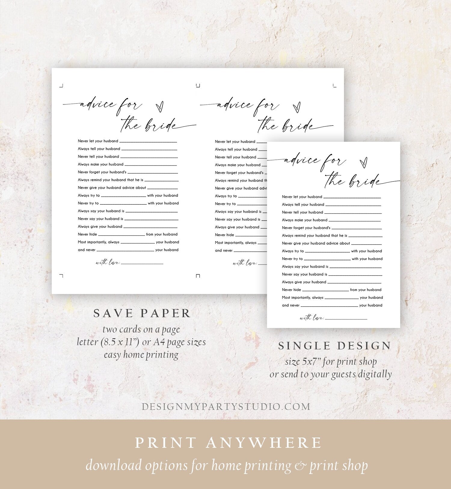 Editable Advice for the Bride Bridal Shower Game Minimalist Modern Wedding Activity Questions Corjl Template Printable 0493