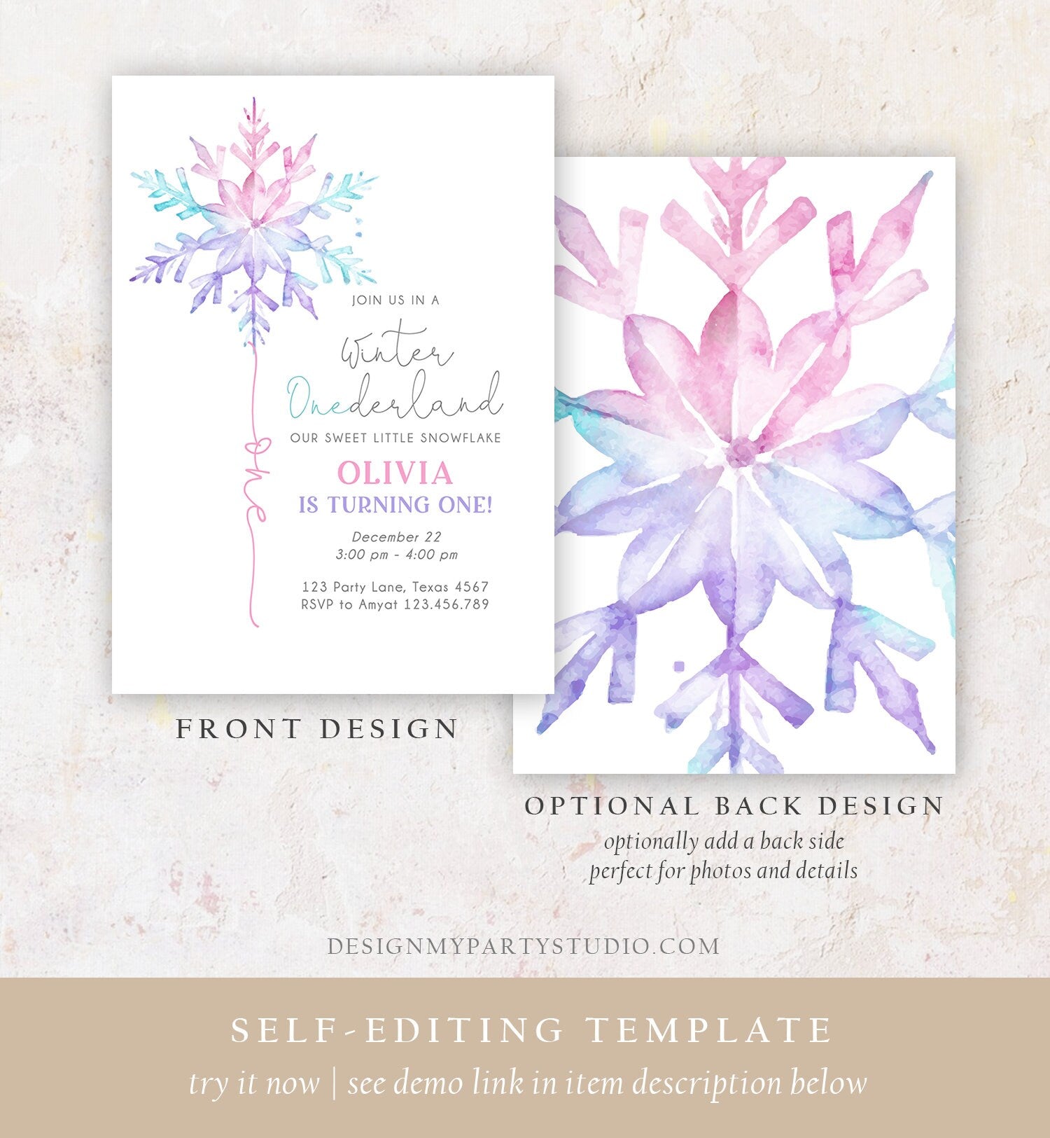 Editable Winter ONEderland Birthday Invitation First Birthday 1st Girl Pink Purple Snowflake Watercolor Minimalist Corjl Template 0494