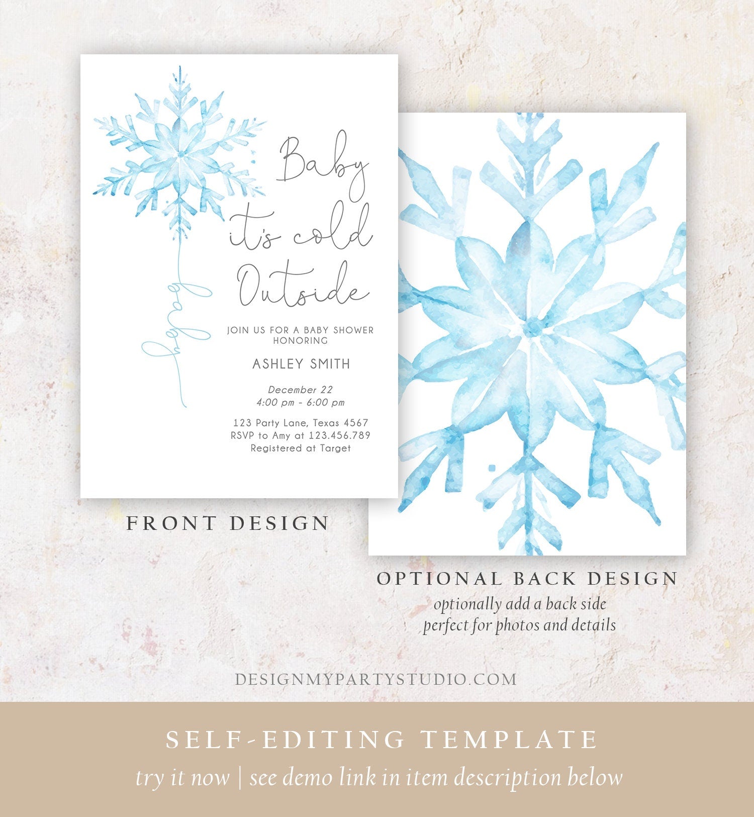 Editable Baby Its Cold Outside Baby Shower Invitation Winter Baby Shower Boy Little Snowflake Watercolor Digital Template Printable 0494