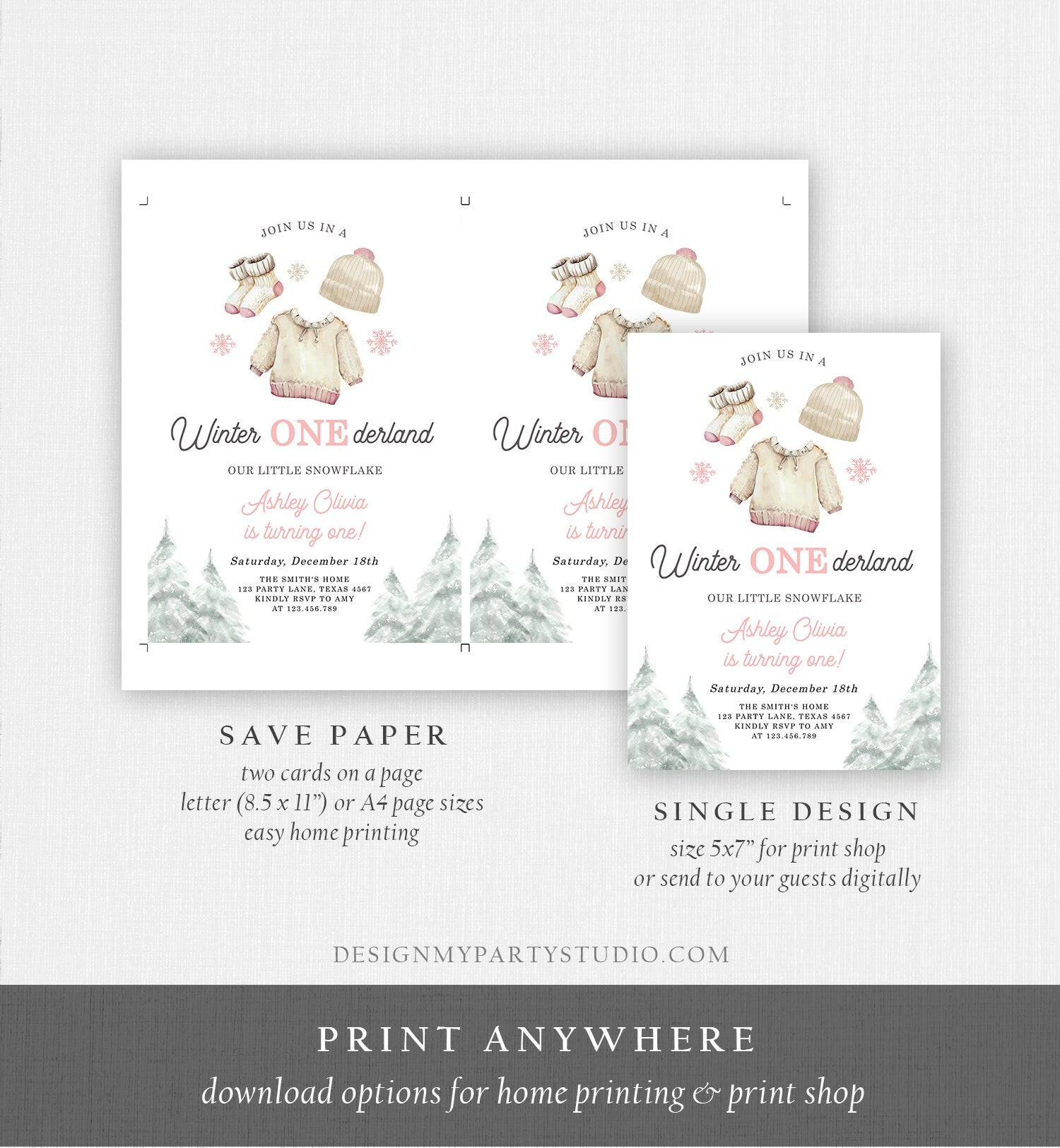 Editable Winter ONEderland Birthday Invitation First Birthday 1st Girl Pink Snow Tree Christmas Snowflake Digital Template Printable 0491